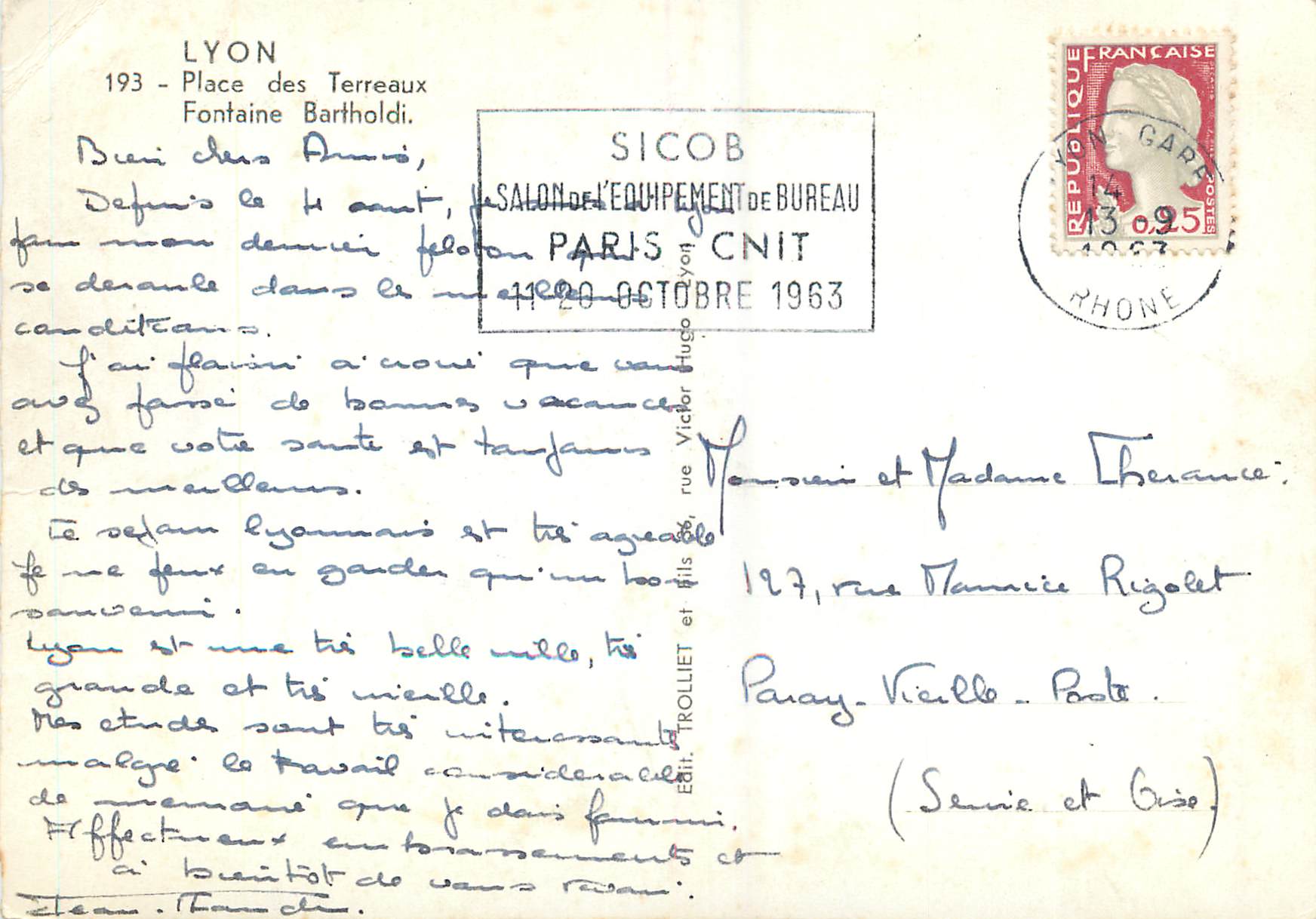 CPM Lyon Place des Terreaux Fontaine Bartholdi — Verso