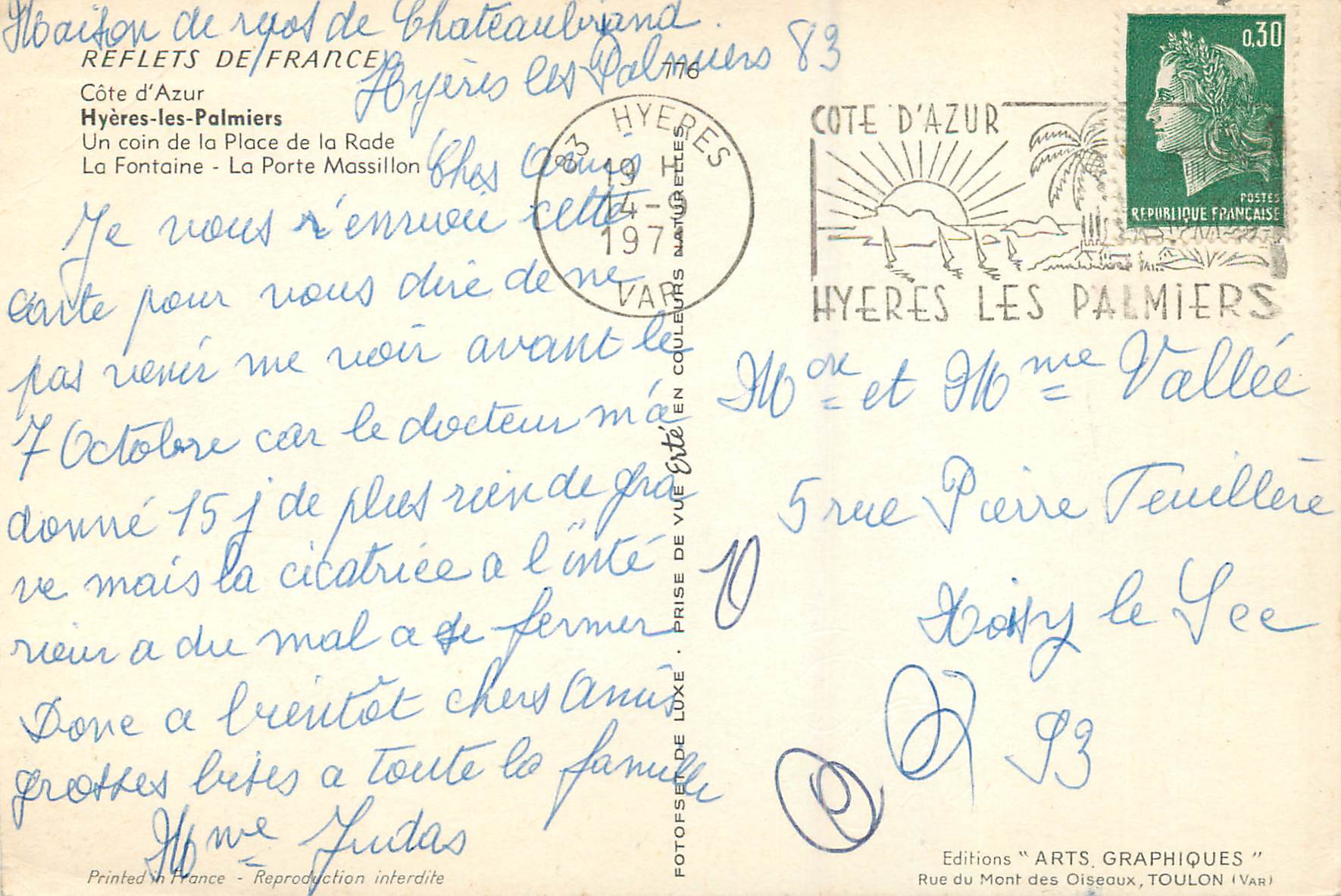 Hyères-les-Palmiers — Un coin de la Place de la Rade — Éditions 'Arts Graphiques' — Verso