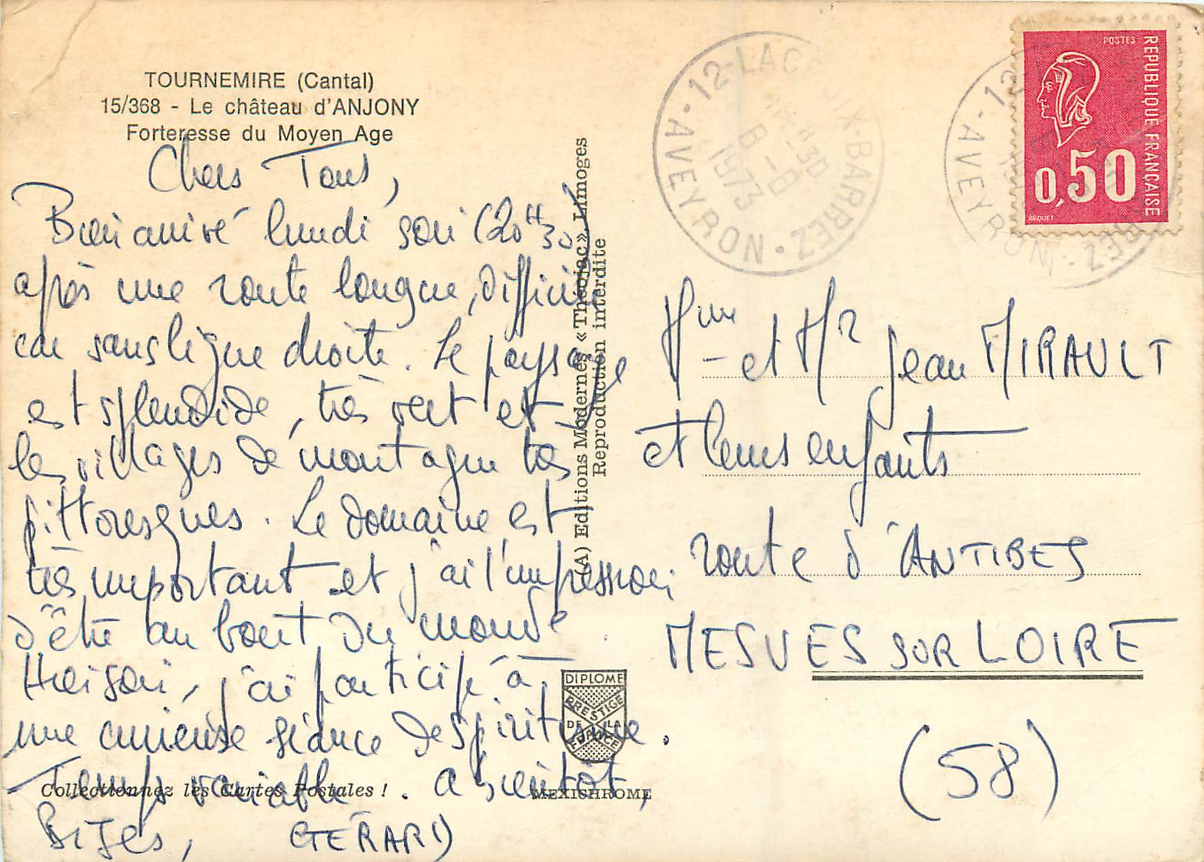CPA Tournemire (Cantal) Le Chateau d'Anjony Forteresse du Moyen Age — Verso