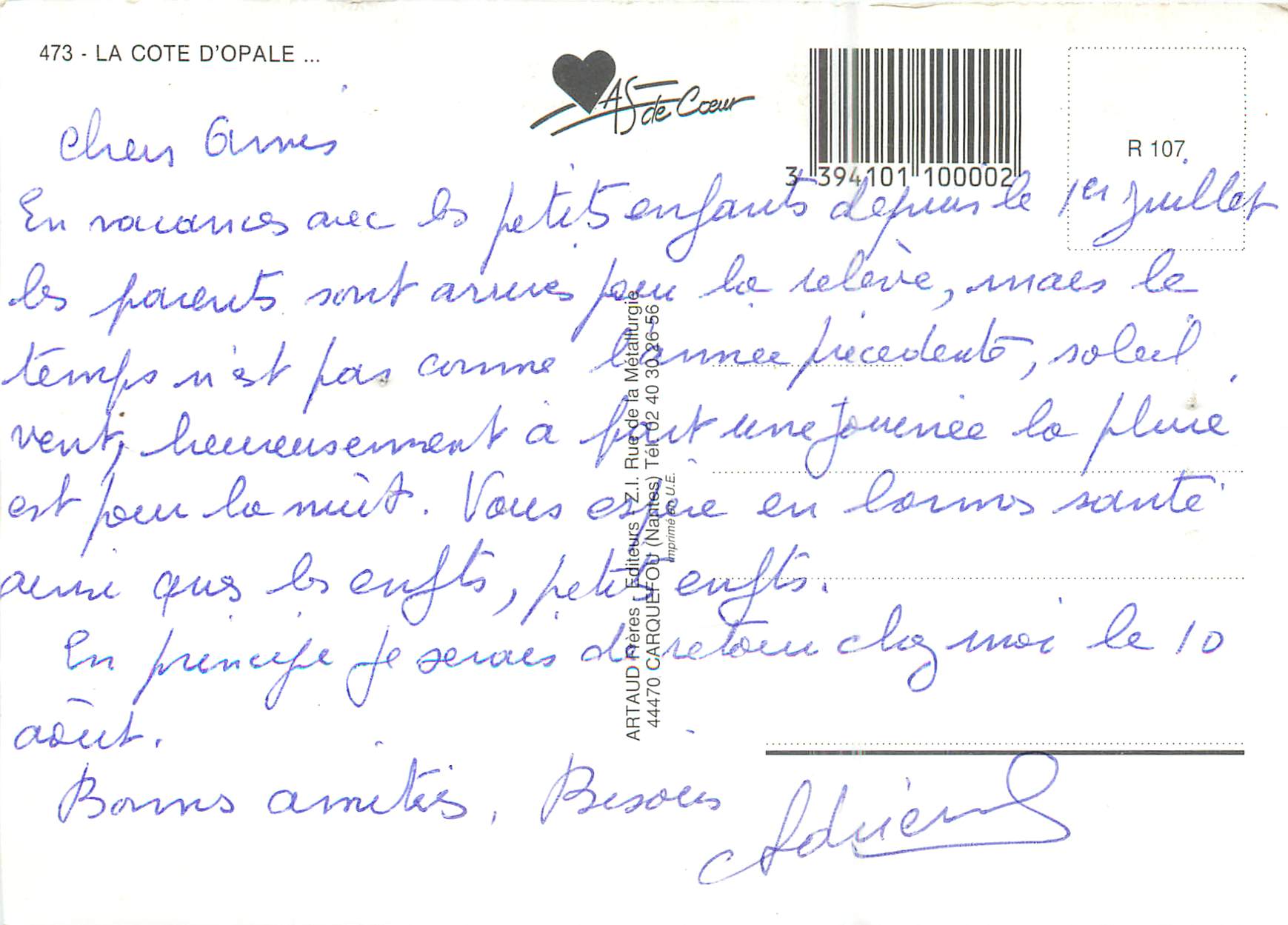 CPA La Cote d'Opale Bateau Folkestone Wimereux — Back