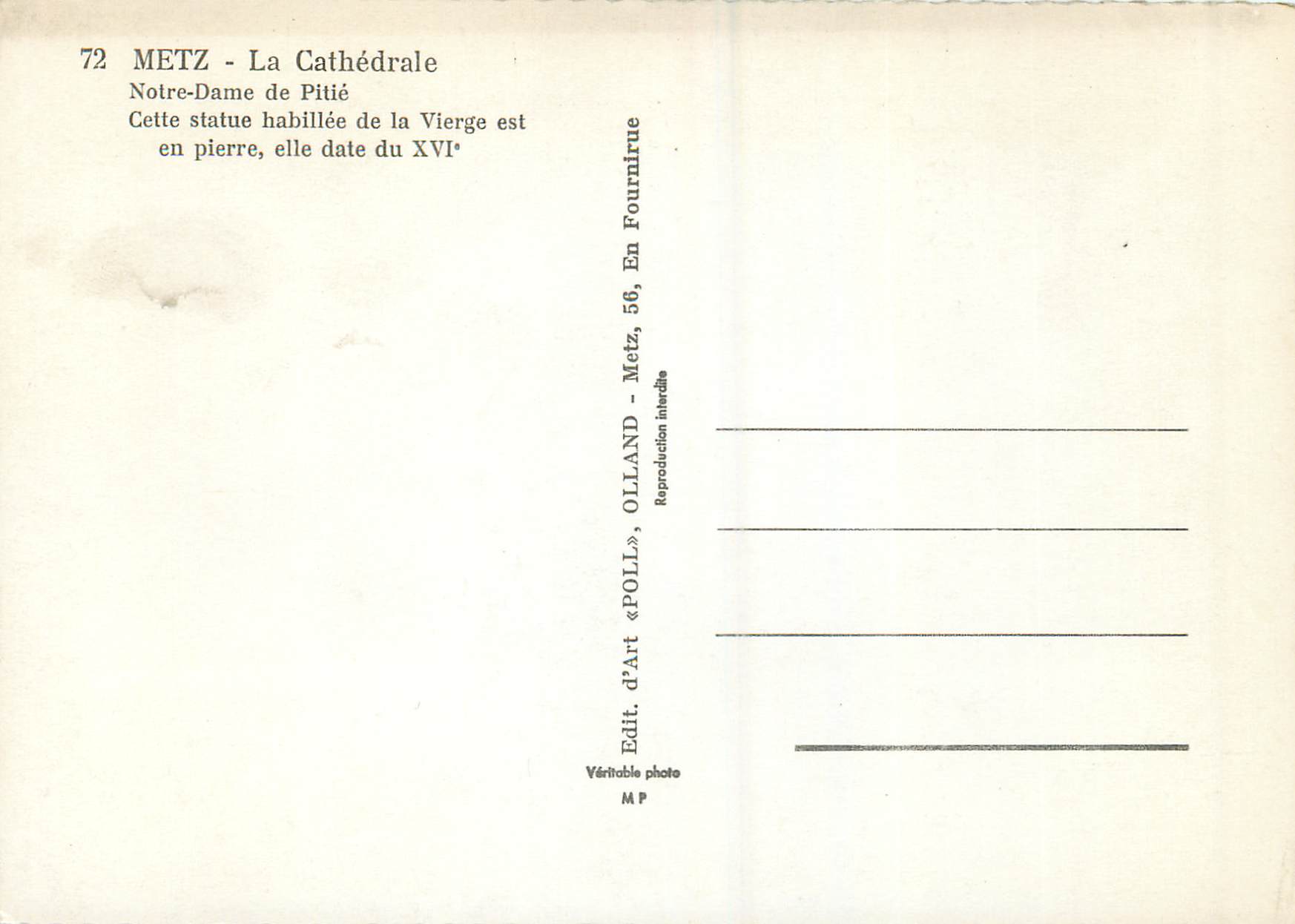 CPA Metz La Cathedrale Notre Dame de Pilier — Rückseite