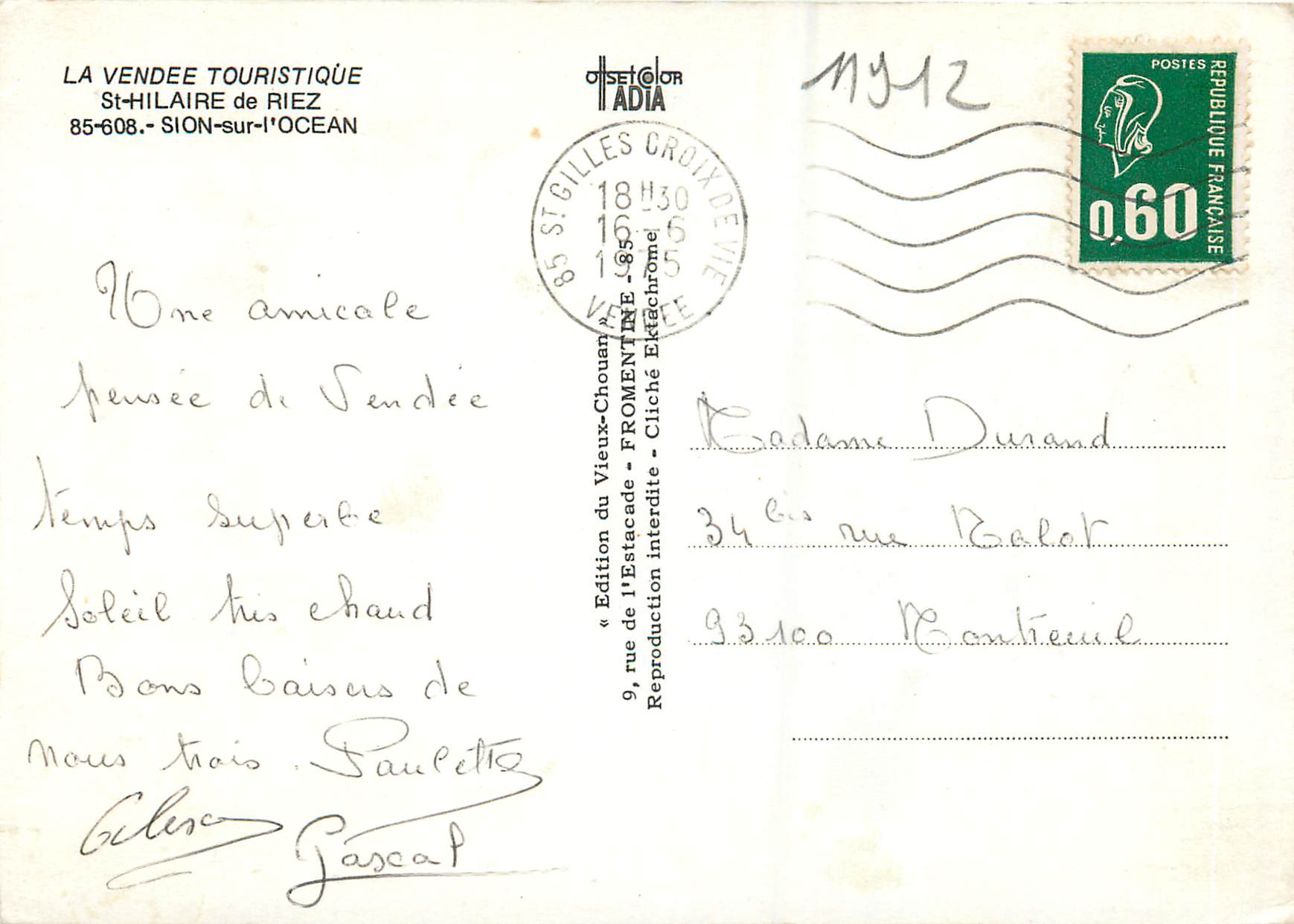 CPA St Hilaire de Riez Sion sur L'Ocean La Vendee Touristique — Back