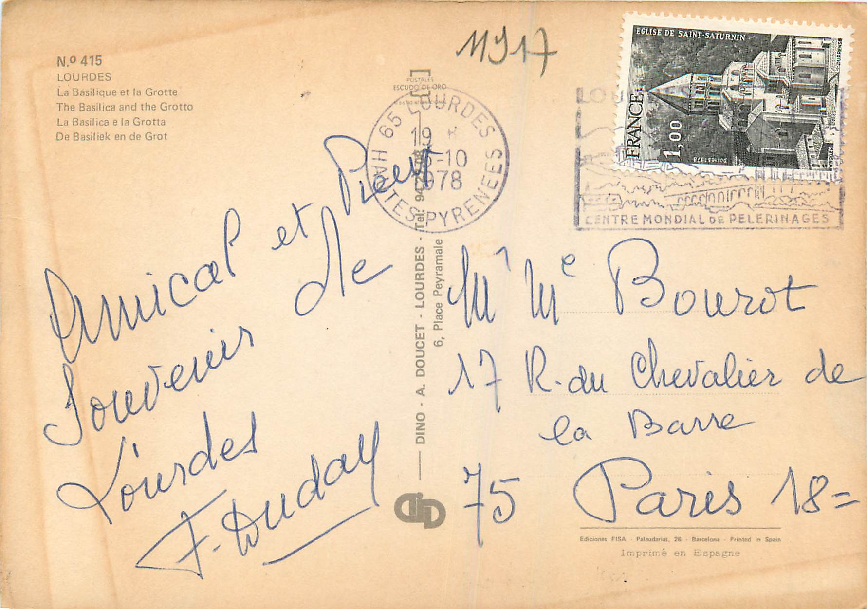 CPA Lourdes La Basilique et la Grotte — Verso