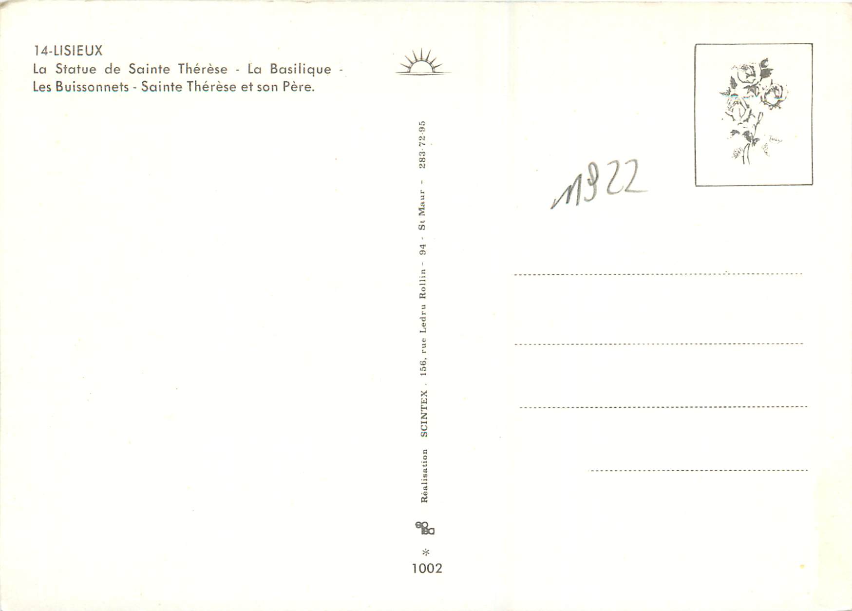 Lisieux — Statuen und Basilika — Verlag SCINTEX, Nr. 1002 — Rückseite