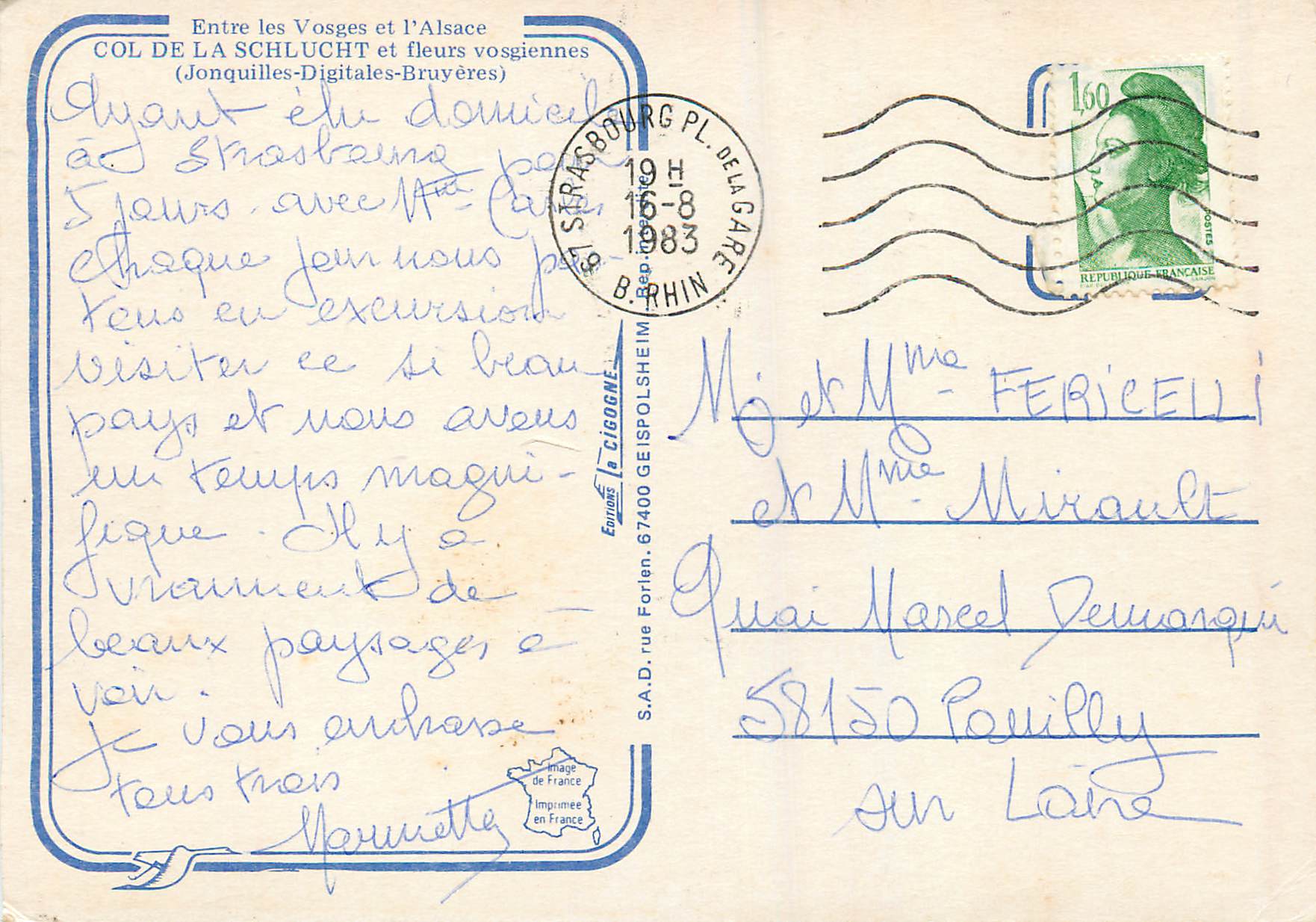 COL de la SCHLUCHT — (alt 1139m) — S.A.D. Imprimee en France — Verso