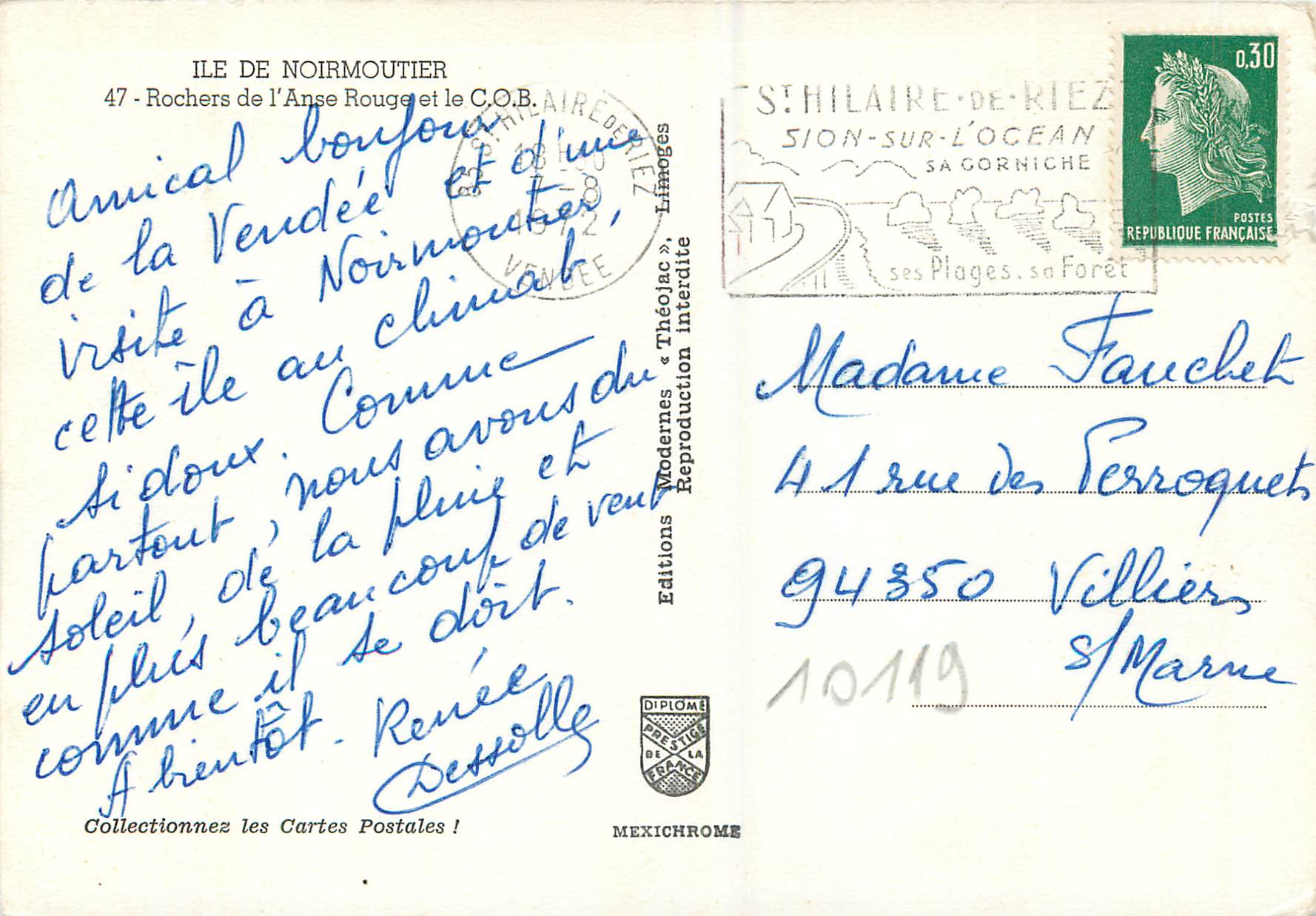 Ile de Noirmoutier — Rochers de l'Anse Rouge et C.O.B. — Éditions Modernes « Théolac » — Rückseite