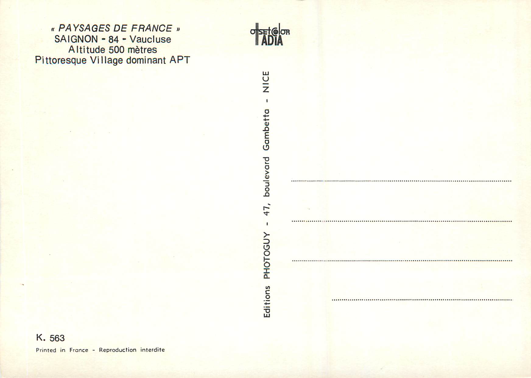 CPM Paysages de France Saignon Vaucluse Altitude 500 metres — Back