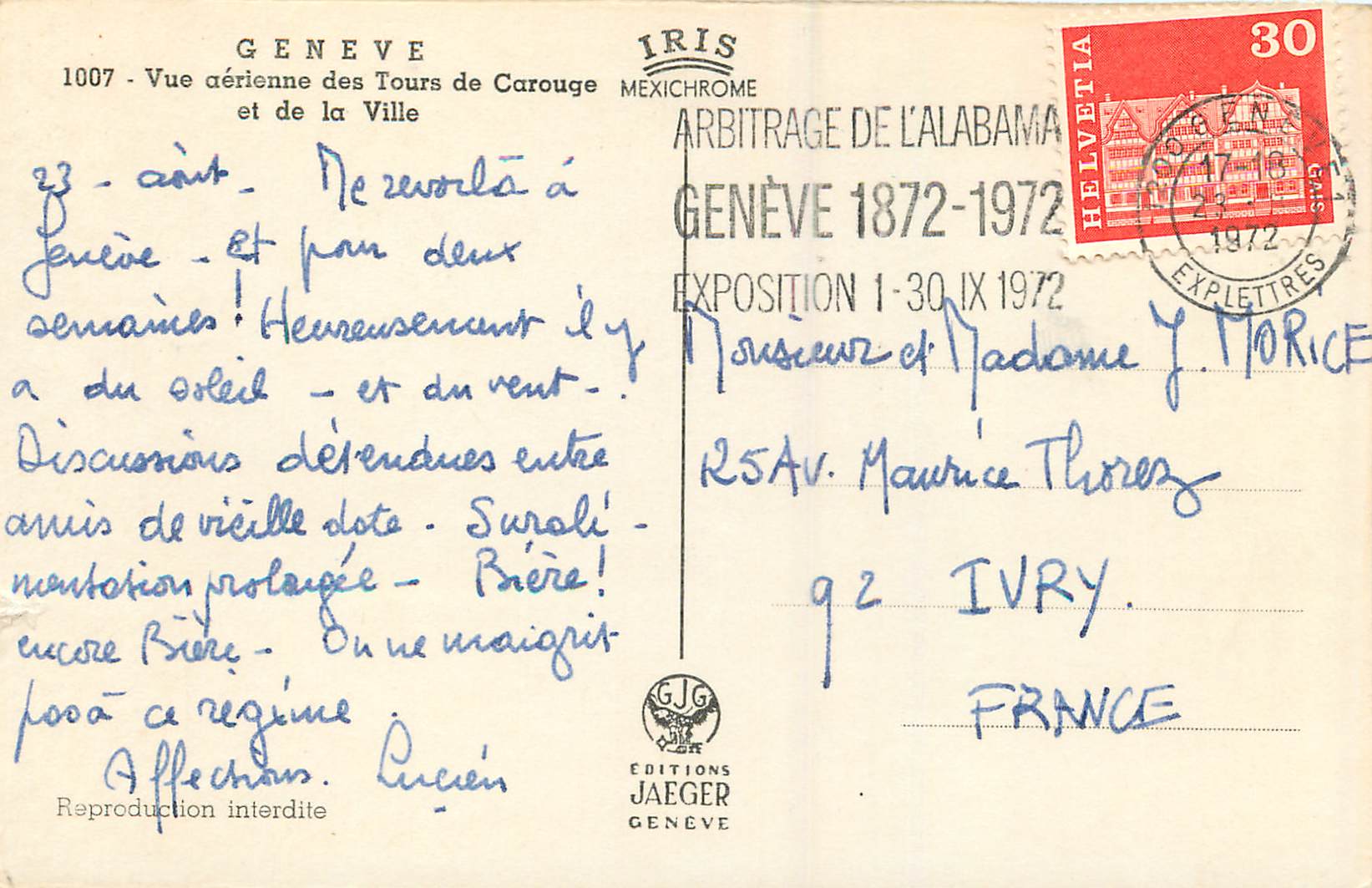 CPM Geneve Vue Aerienne des Tours de Carouge et de la Ville — Verso