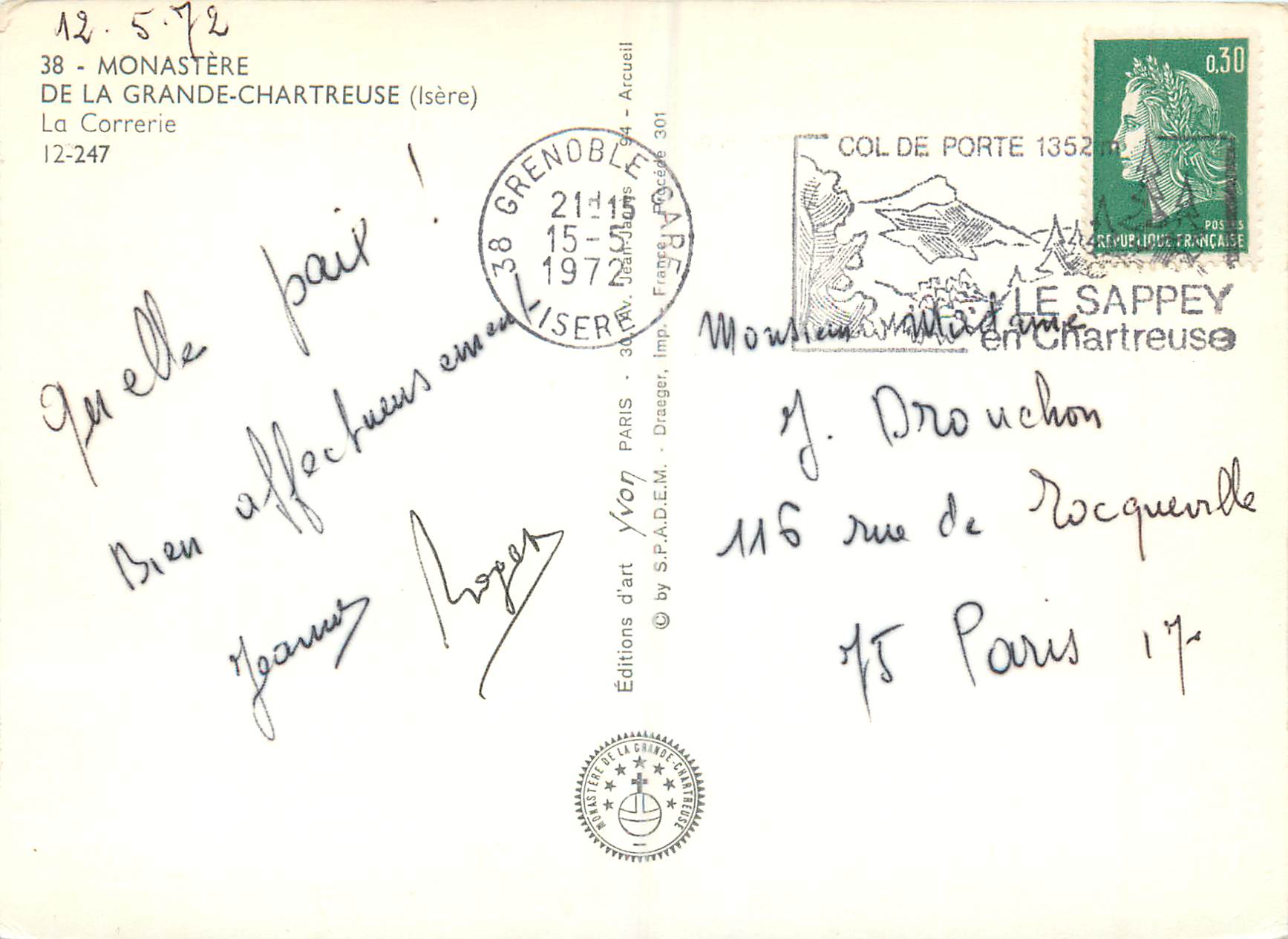 CPM Monastere de la Grande Chartreuse (Isere) La Correrie — Rückseite