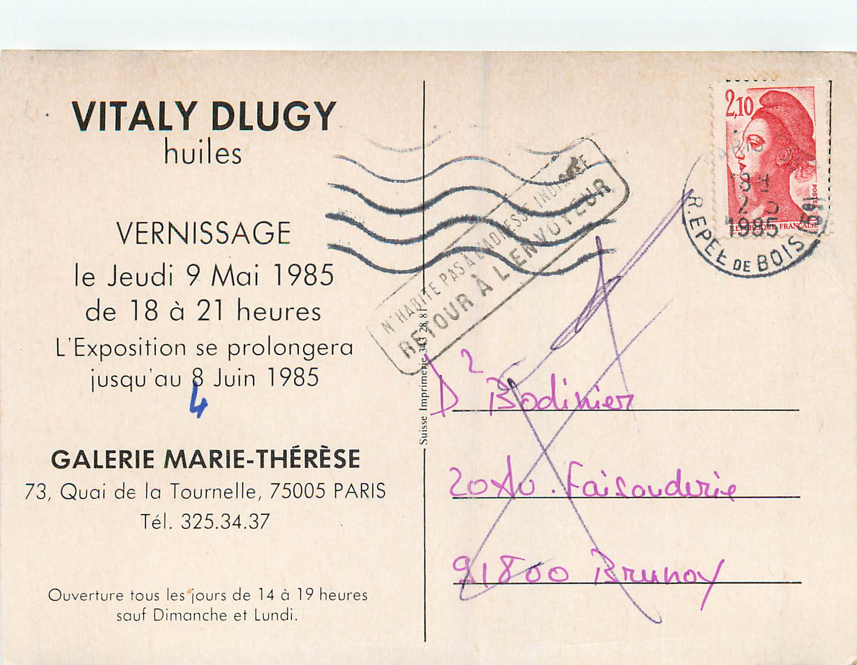 CPM Galerie Marie Therese Quai de la Tournelle 75005 Paris Vernissage Le jeudi 9 Mai 1985 de 18 a 21 heures — Rückseite