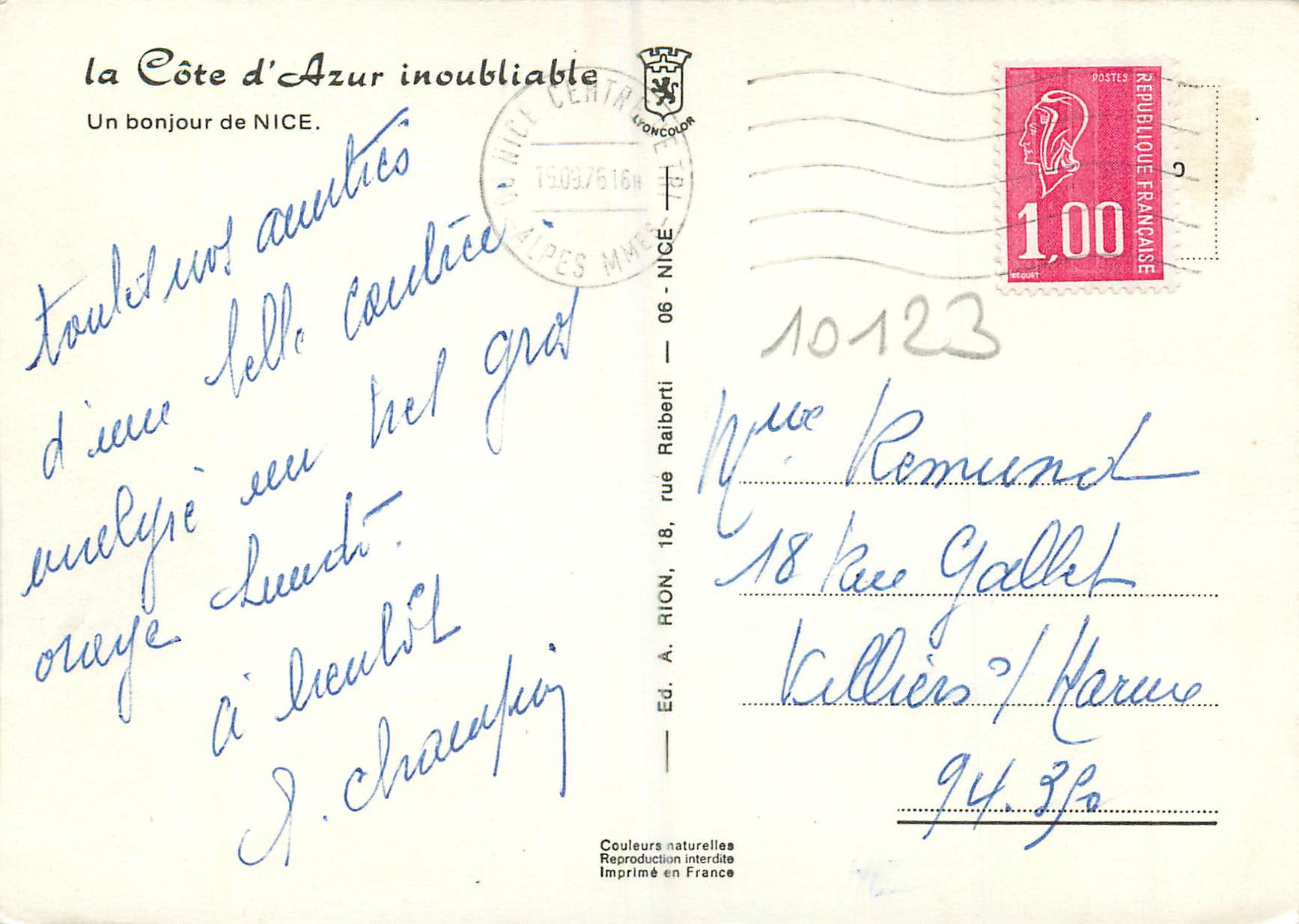 CPM Nice La Cote d'Azur Inoubliable — Rückseite