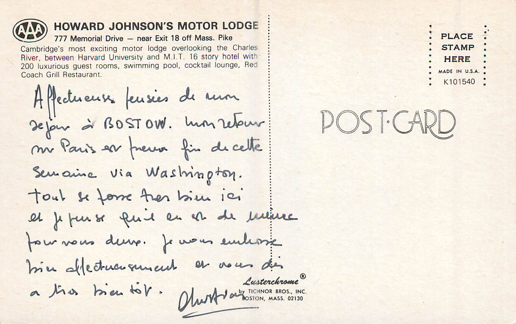 CPM Howard Johnson's Motor Lodge Memorial Drive Cambridge  — Back