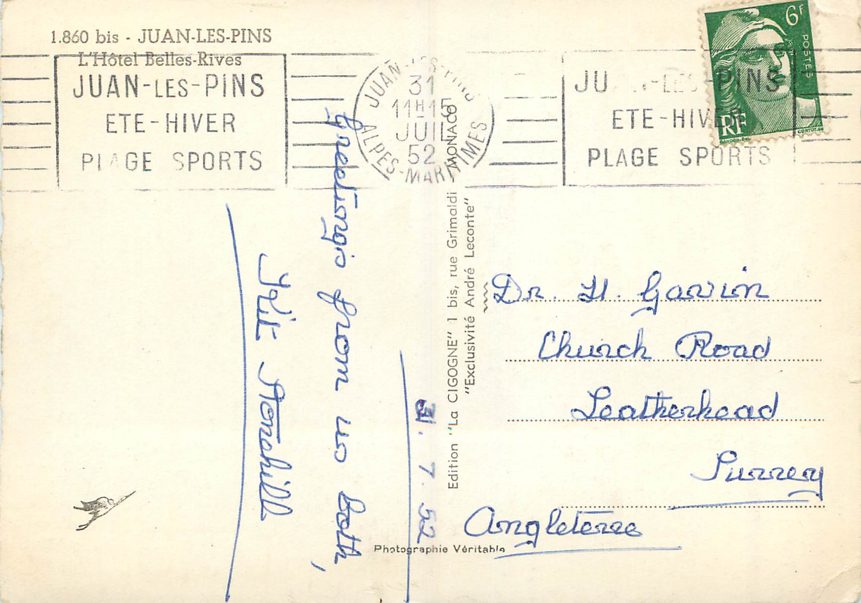 CPM Juan les Pins L'Hotel Belles Rives — Rückseite