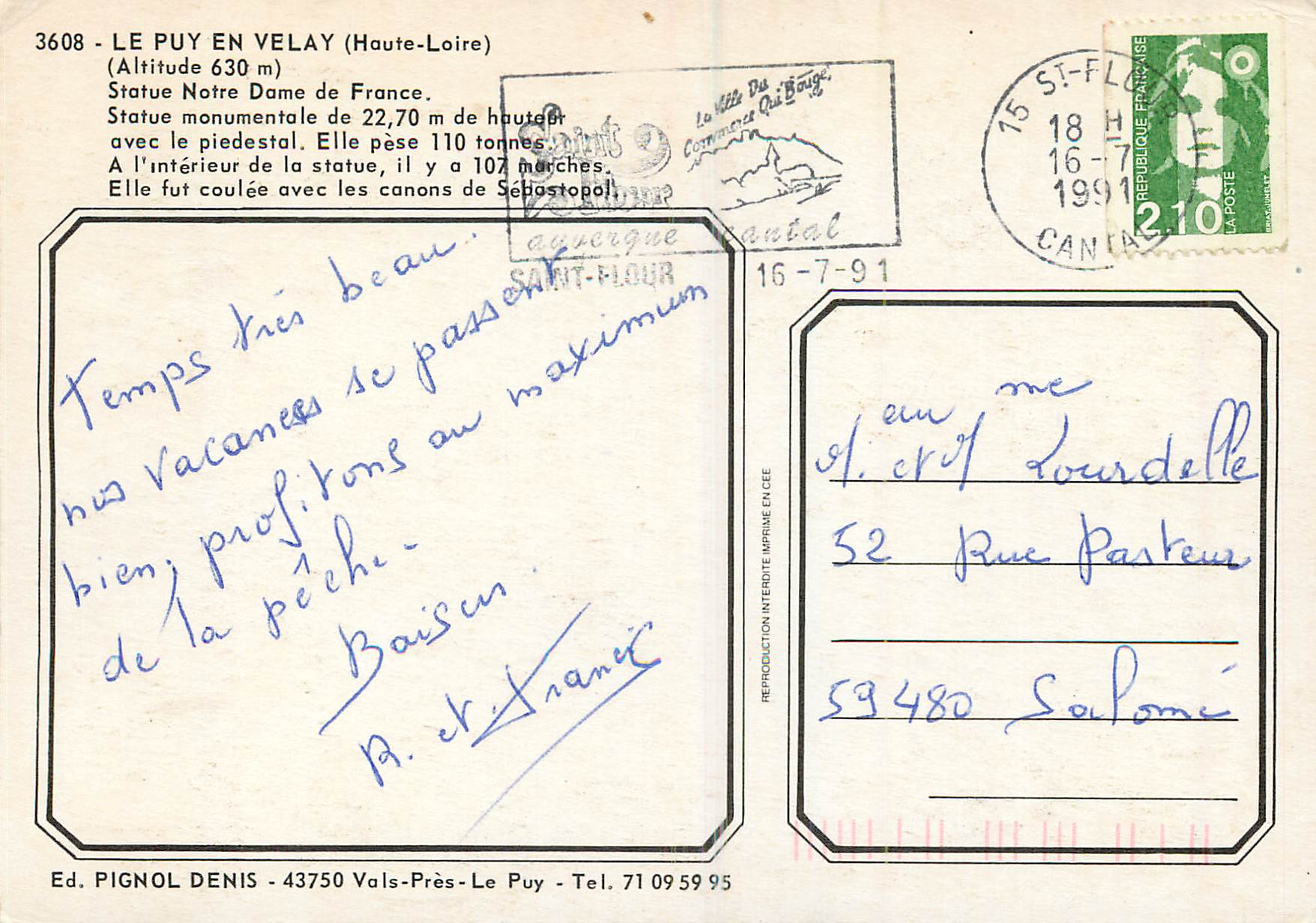 Le Puy-en-Velay — Statue Notre-Dame de 22,70 m — Ed. PIGNOL DENIS — Verso