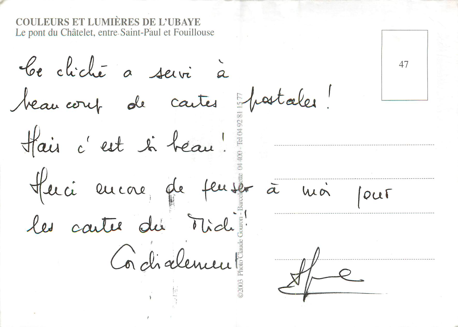 CPM le Pont du Chatelet entre Saint Paul et Fouillouse Couleurs et Lumieres de l'Ubaye — Verso