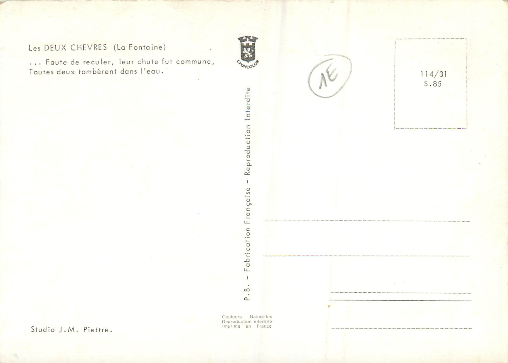 CPM les Deux Chevres (la Fontaine)  — Rückseite