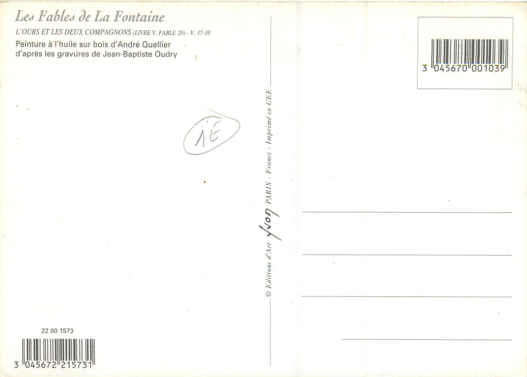 CPM l'Ours et les Deux Compagnons les Fables de la Fontaine — Rückseite