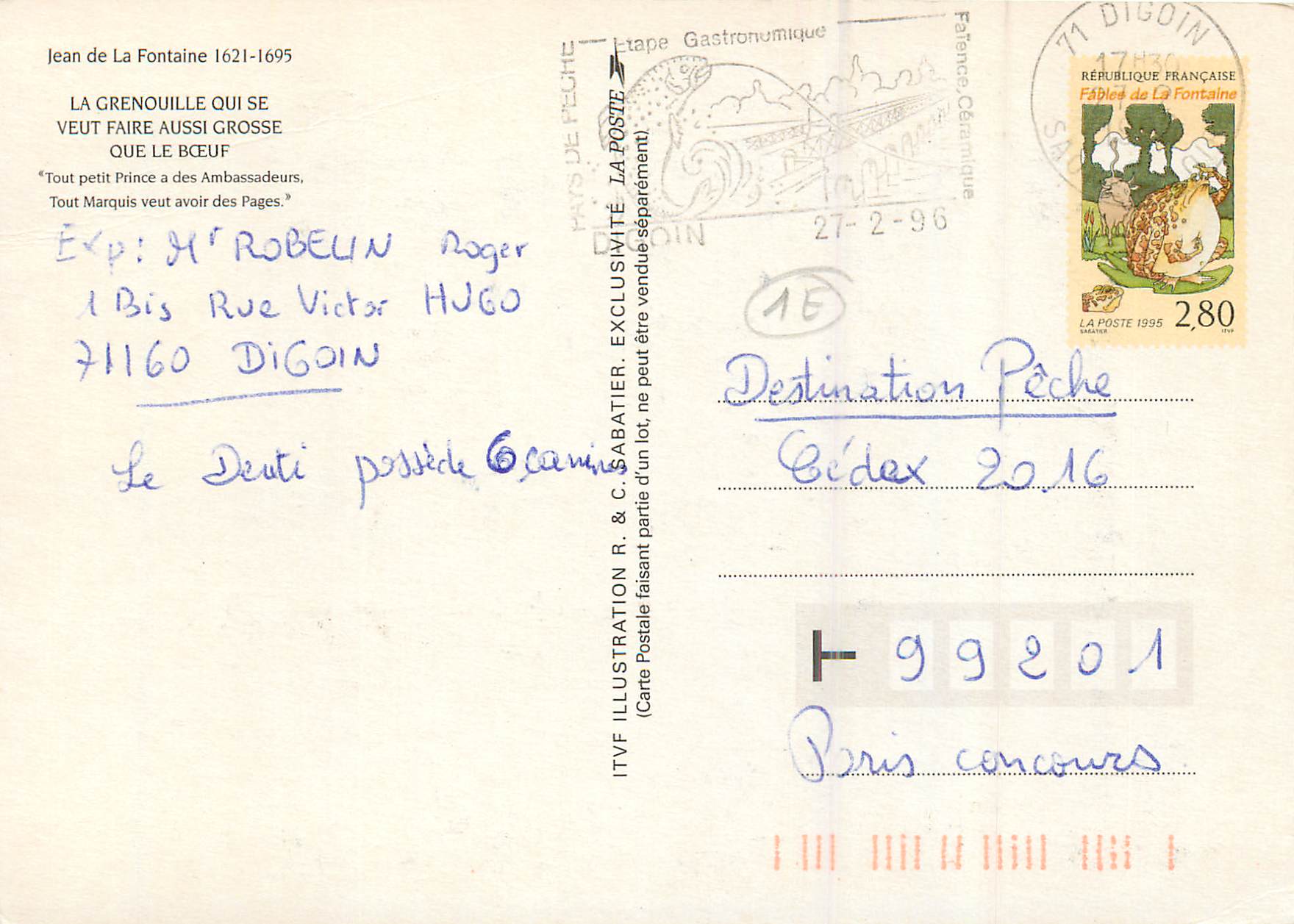CPM la Grenouille qui se veut faire aussi Grosse que le Boeuf Jean de la Fontaine 1621 1695 — Rückseite