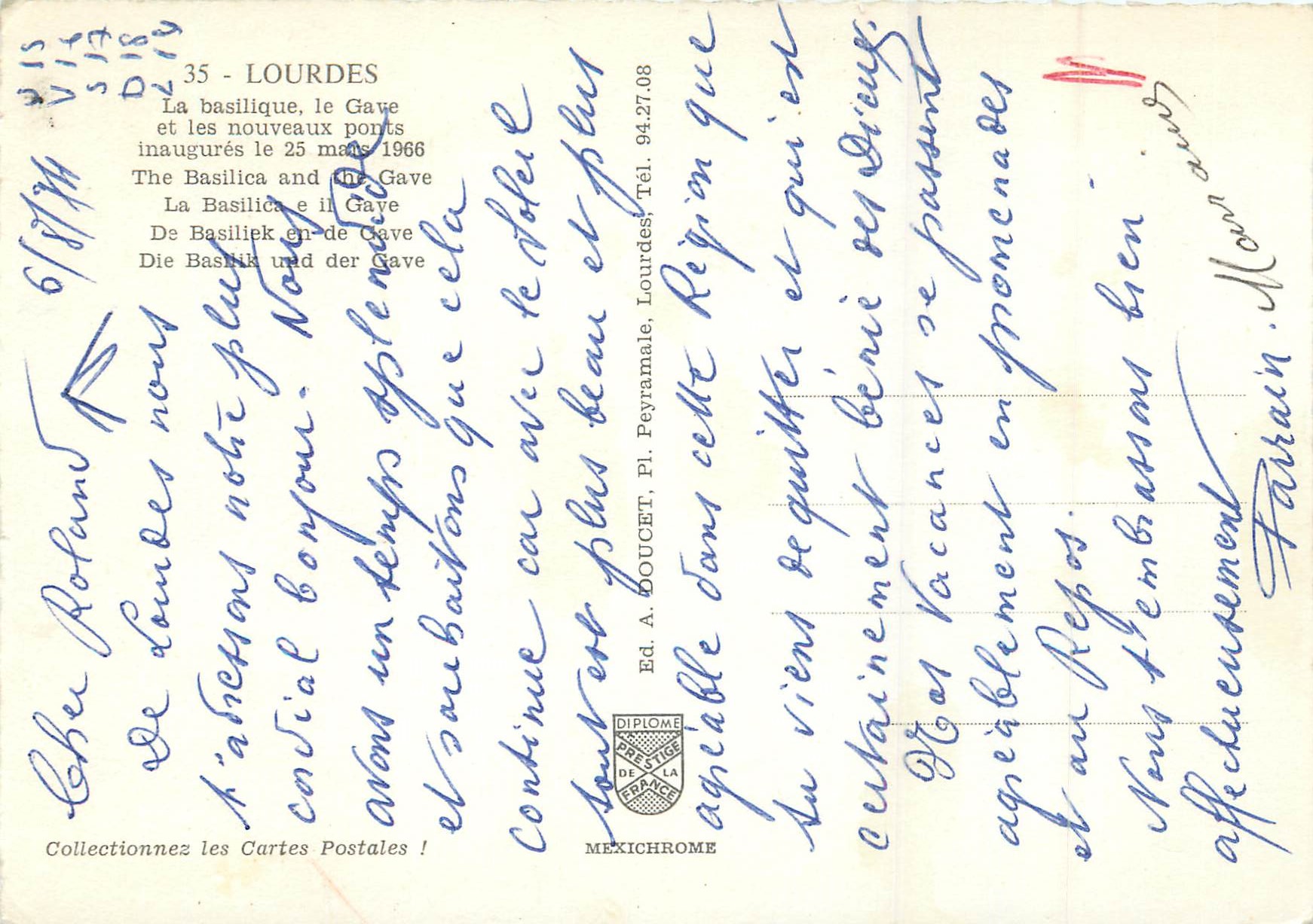 Lourdes — Basilique et ponts du Gave — éditeur IRIS, n°35 — Verso