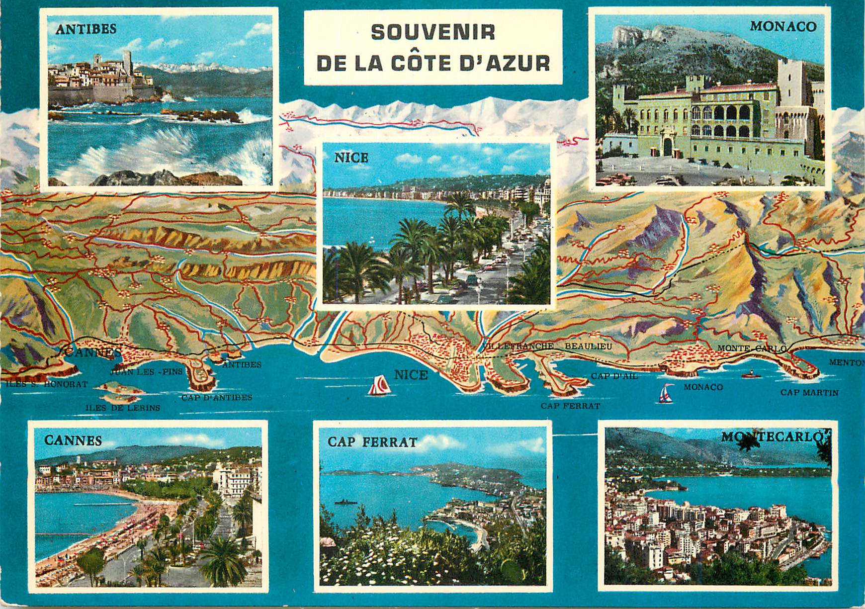 CPM Souvenir de la Cote d'Azur Antibes Nice Monaco Cannes Cap Ferrat Montecarlo