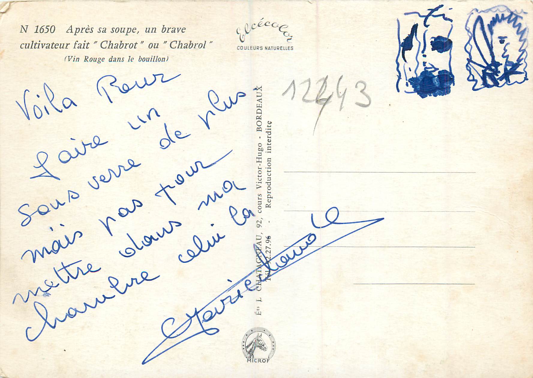CPM Apres sa Soupe un Brave Cultivateur fait Charbrot ou Chabrol (Vin ROuge dans le Bouillon) — Rückseite