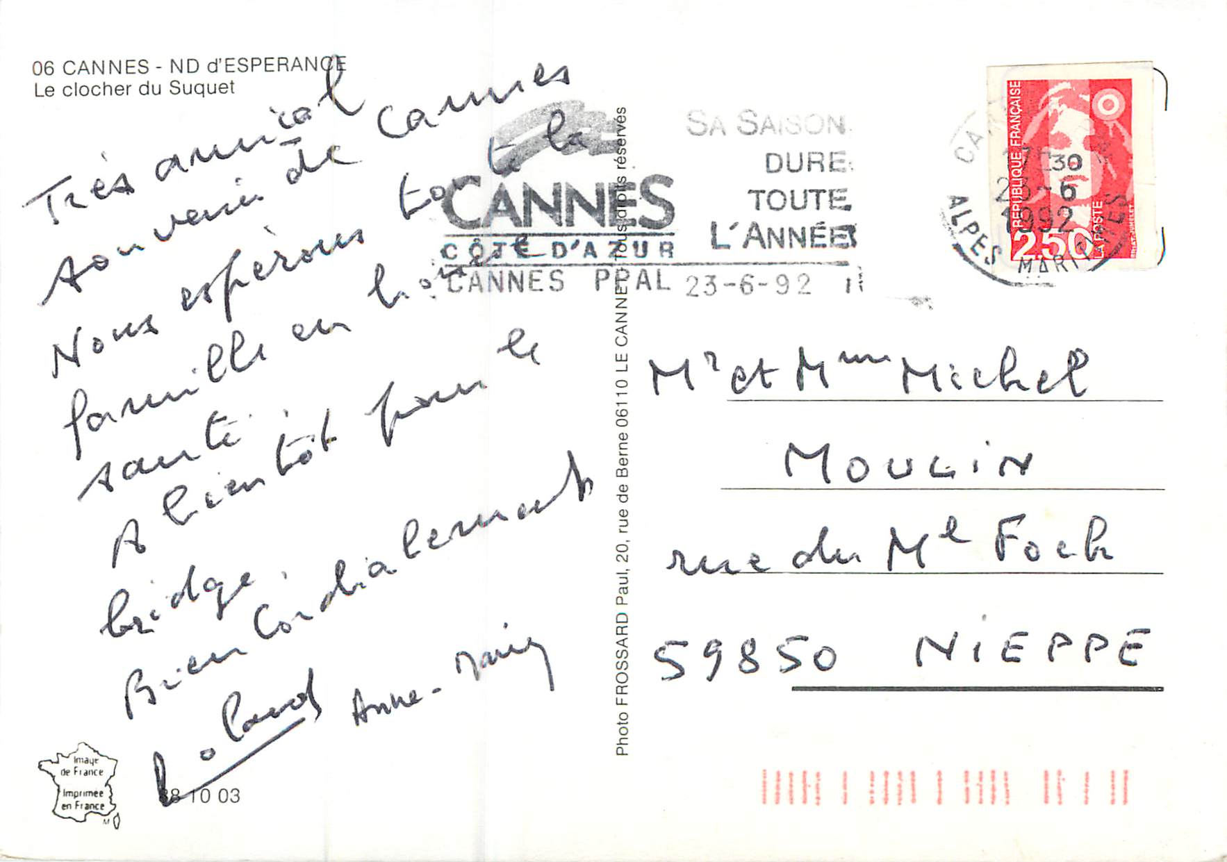 CPM Cannes ND d'Esperence Le Clocher du Suquet — Verso
