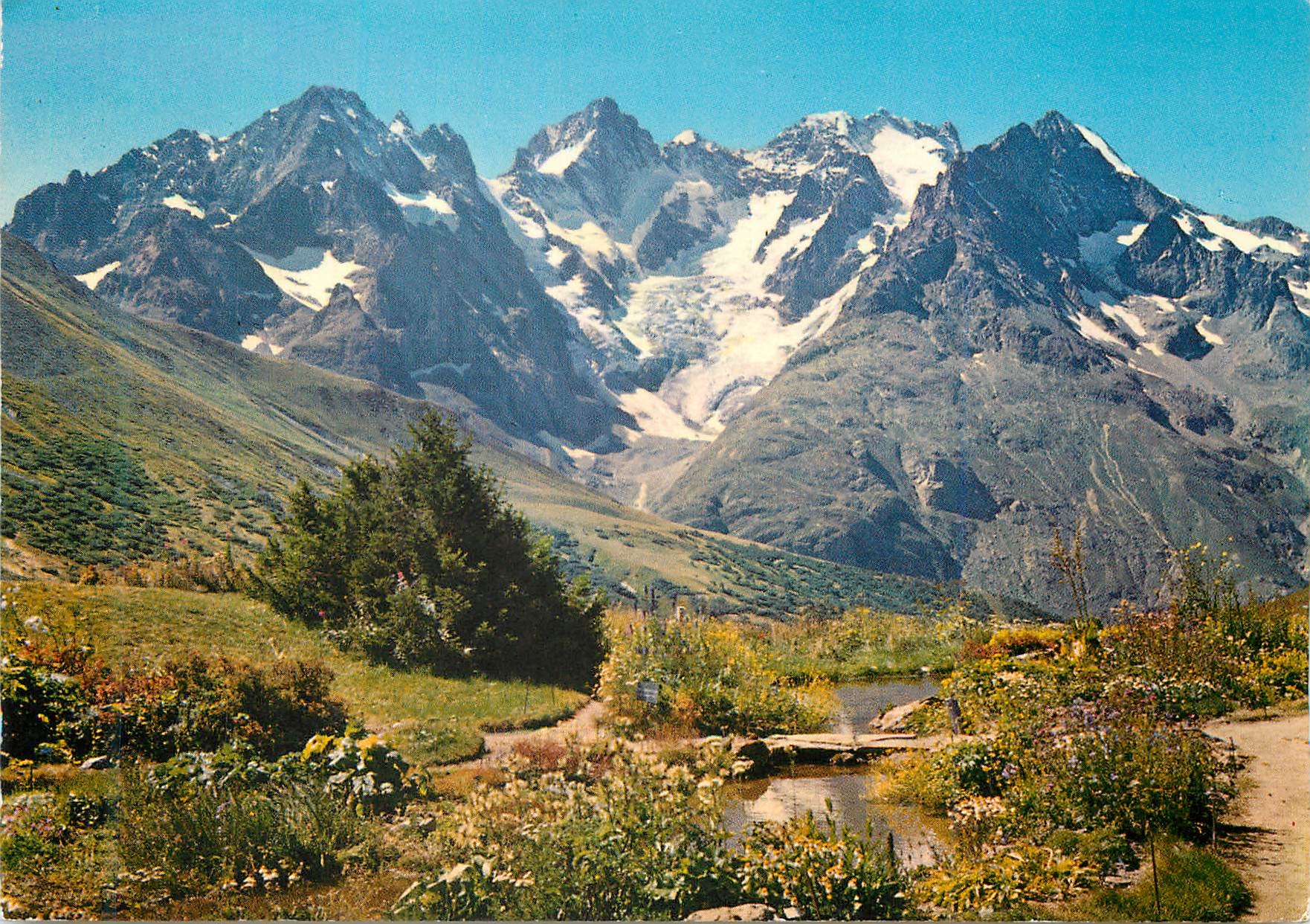 CPM en Dauphine Col du Lautaret le Pic Gaspard (3882m) et la Meije (3983m) vus du Jardin Alpin