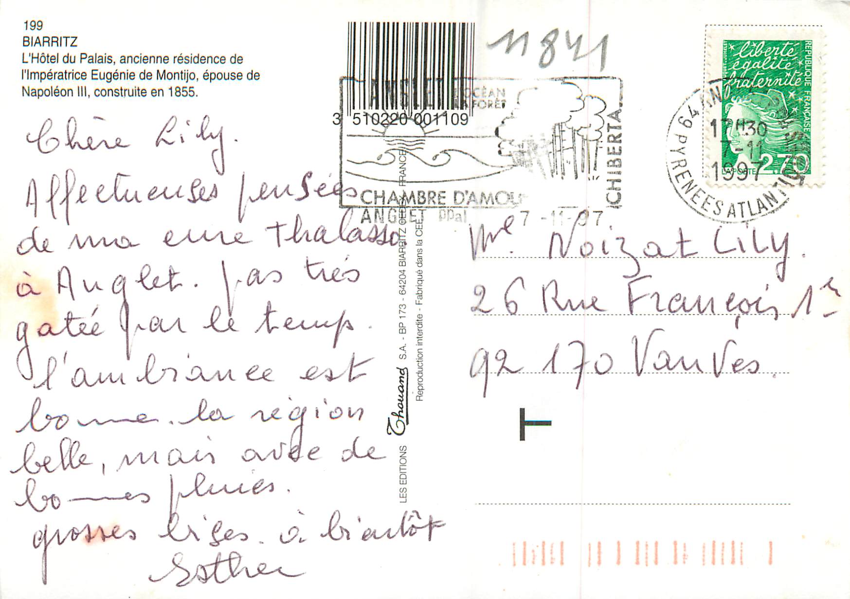 Biarritz — L'Hôtel du Palais, ancienne résidence de l'Impératrice Eugénie de Montijo — éditeur Chouand, n° 199 — Rückseite