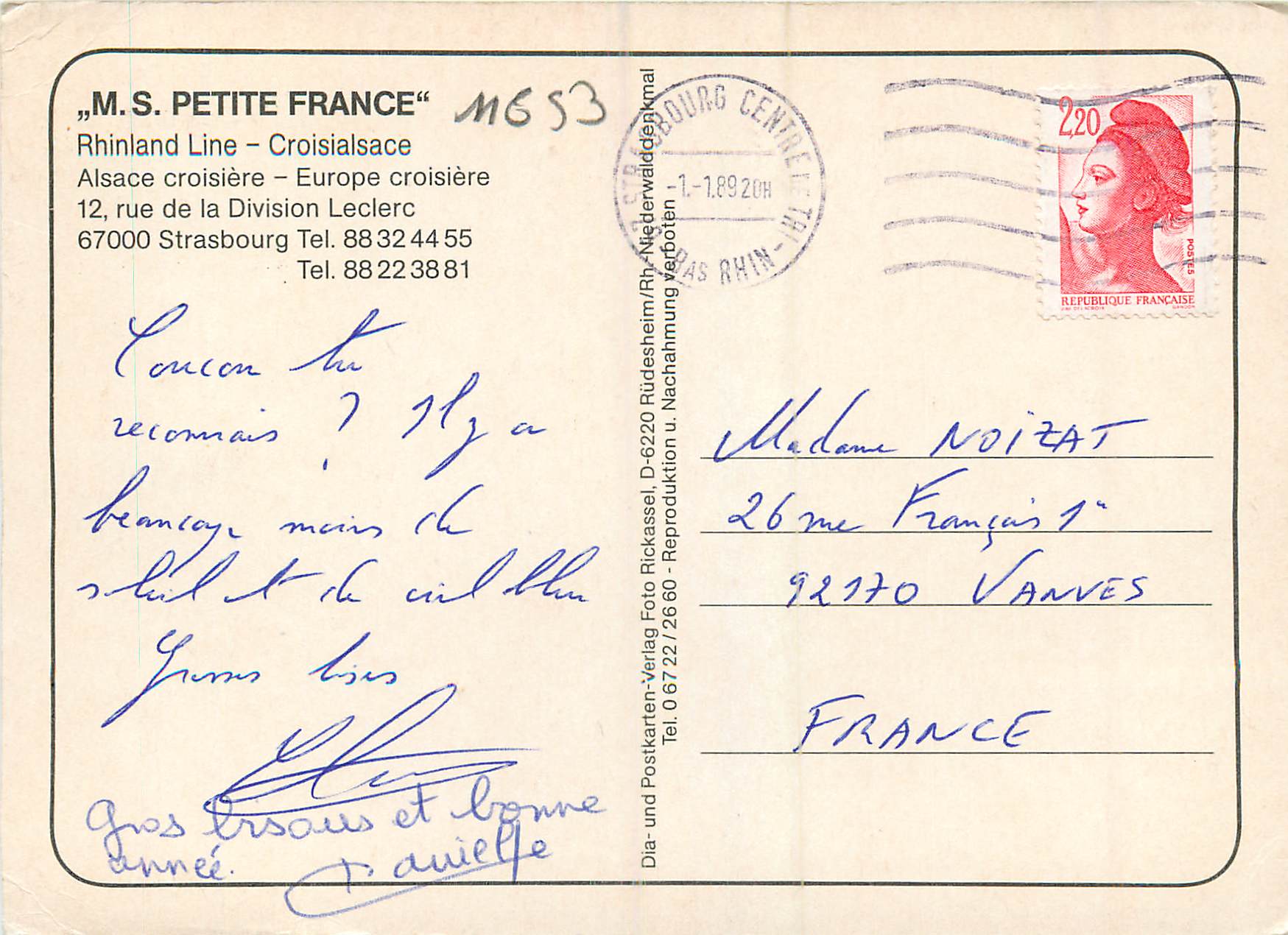 CPM Alsace Croisiere Europe Croisiere Rhinland Line Croisialsace MS Petite France Bateau — Rückseite
