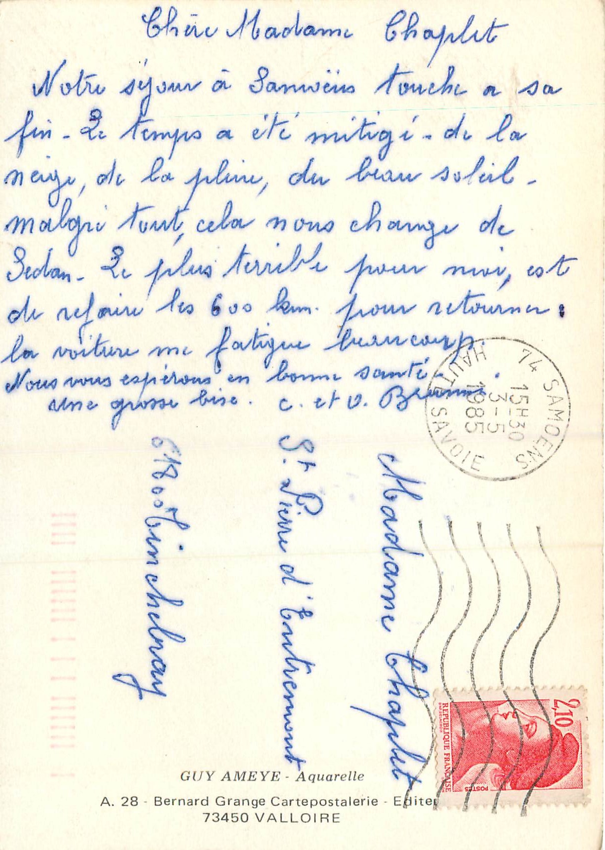 CPM Guy Ameye Aquarelle Bernard Grange Cartepostalerie Valloire — Rückseite