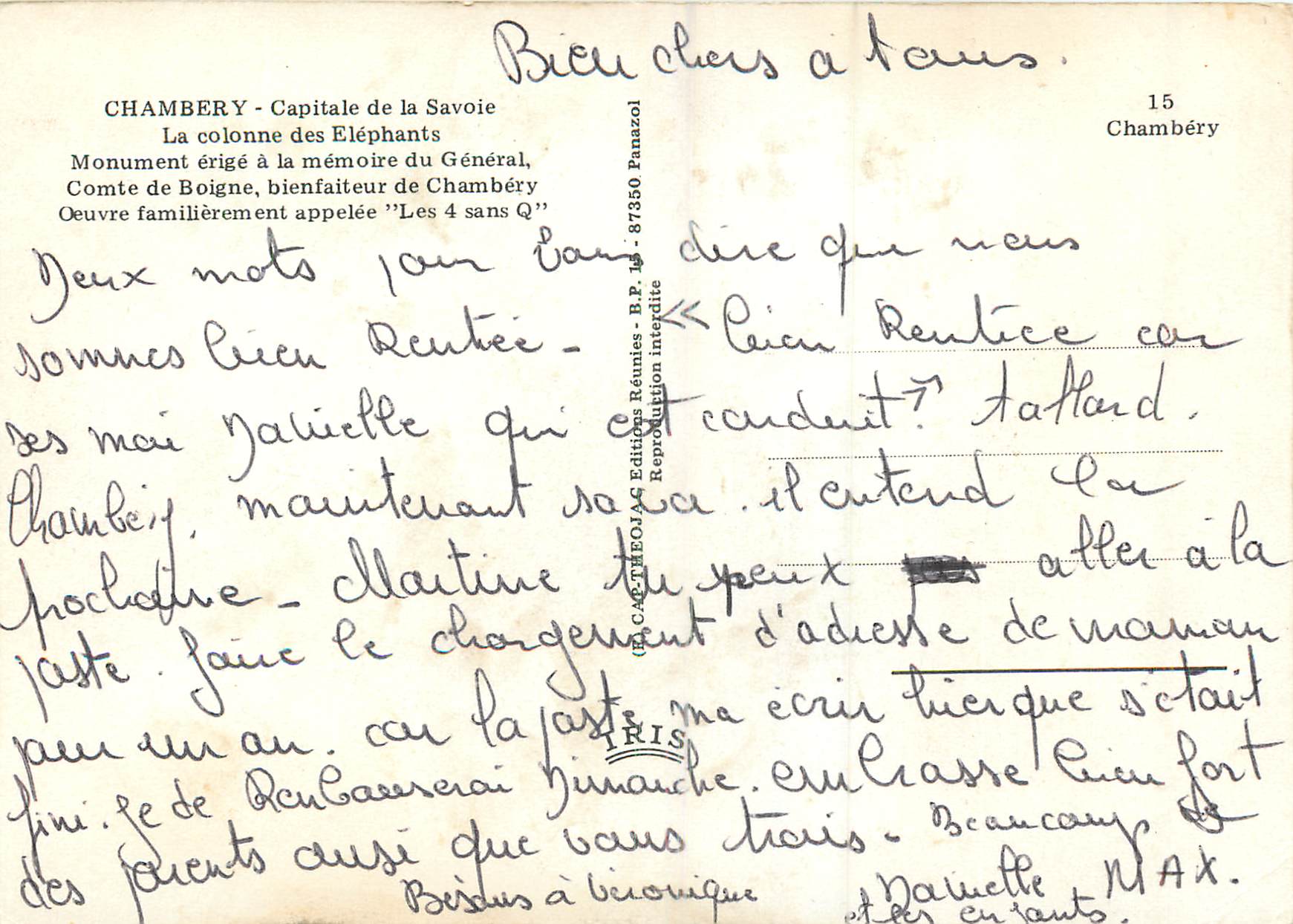 CPM Chambery Capitale de la Savoie la Colonne des Elephants — Rückseite
