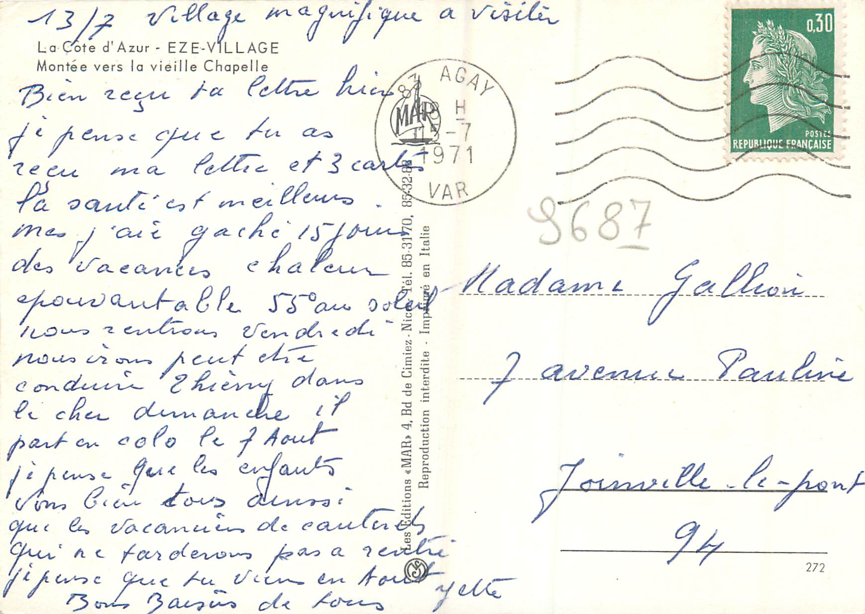 CPM Eze Village la Cote d'Azur Montee vers la Veille Chapelle Ane Donkey — Rückseite
