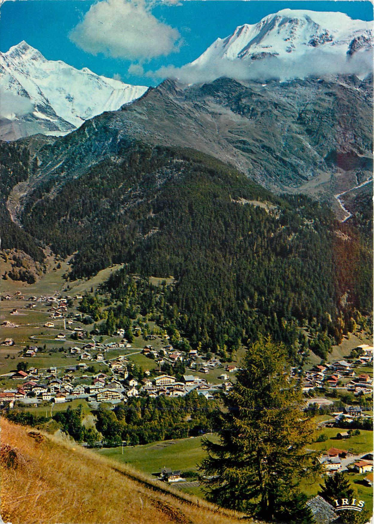 Les Contamines-Montjoie — Vue d'ensemble, le Bionnassay (4053 m.), le mont Blanc (4807 m.) et les Dômes de Miage (3600 m.) — IRIS