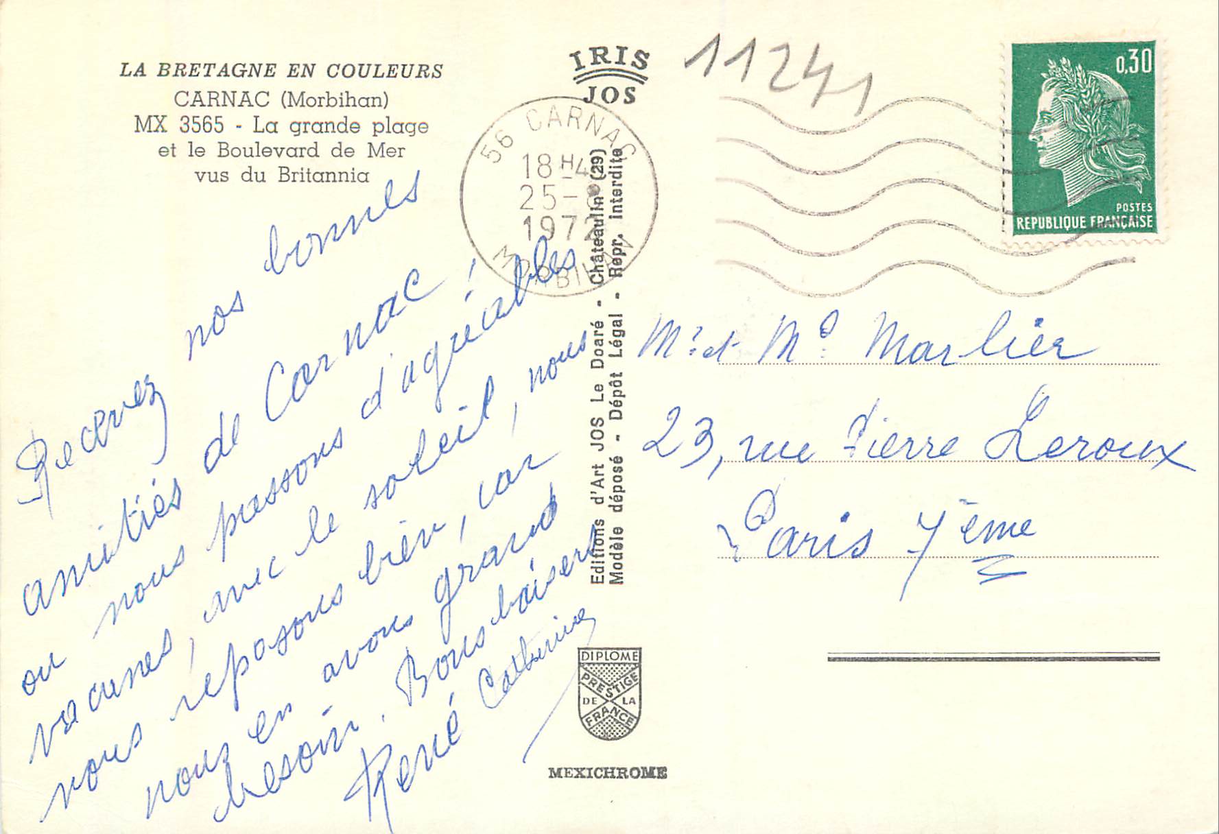 CPM Carnac (Morbihan) la Grande Plage et le Boulevard de Mer vue du Brittania la Bretagne en Couleurs — Rückseite