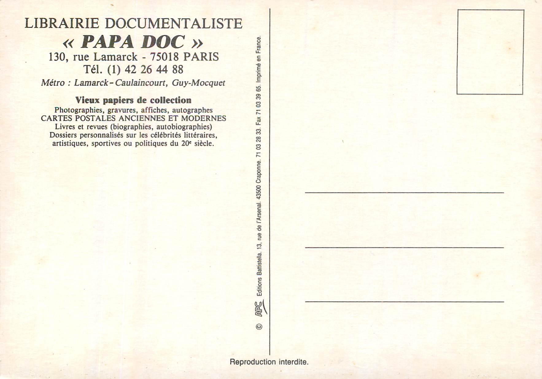 CPM Librairie Documentaliste Papa Doc 130 Rue Lamarack 75018 Paris — Rückseite