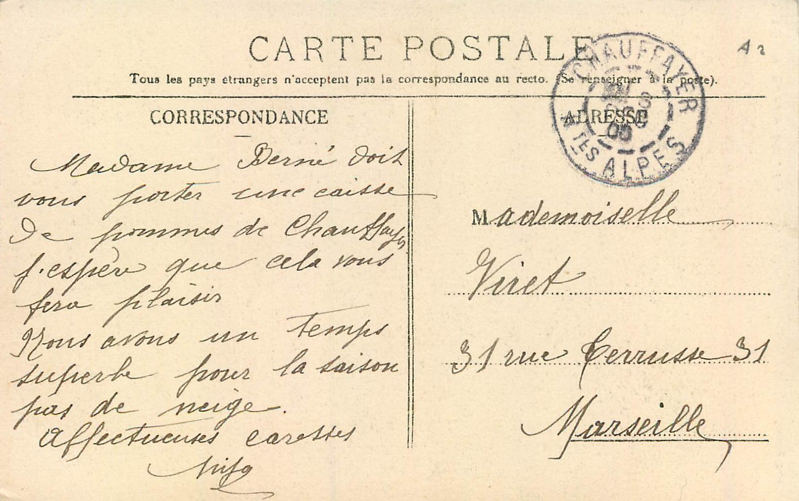 CPA les Alpes le Valgodemard — Rückseite