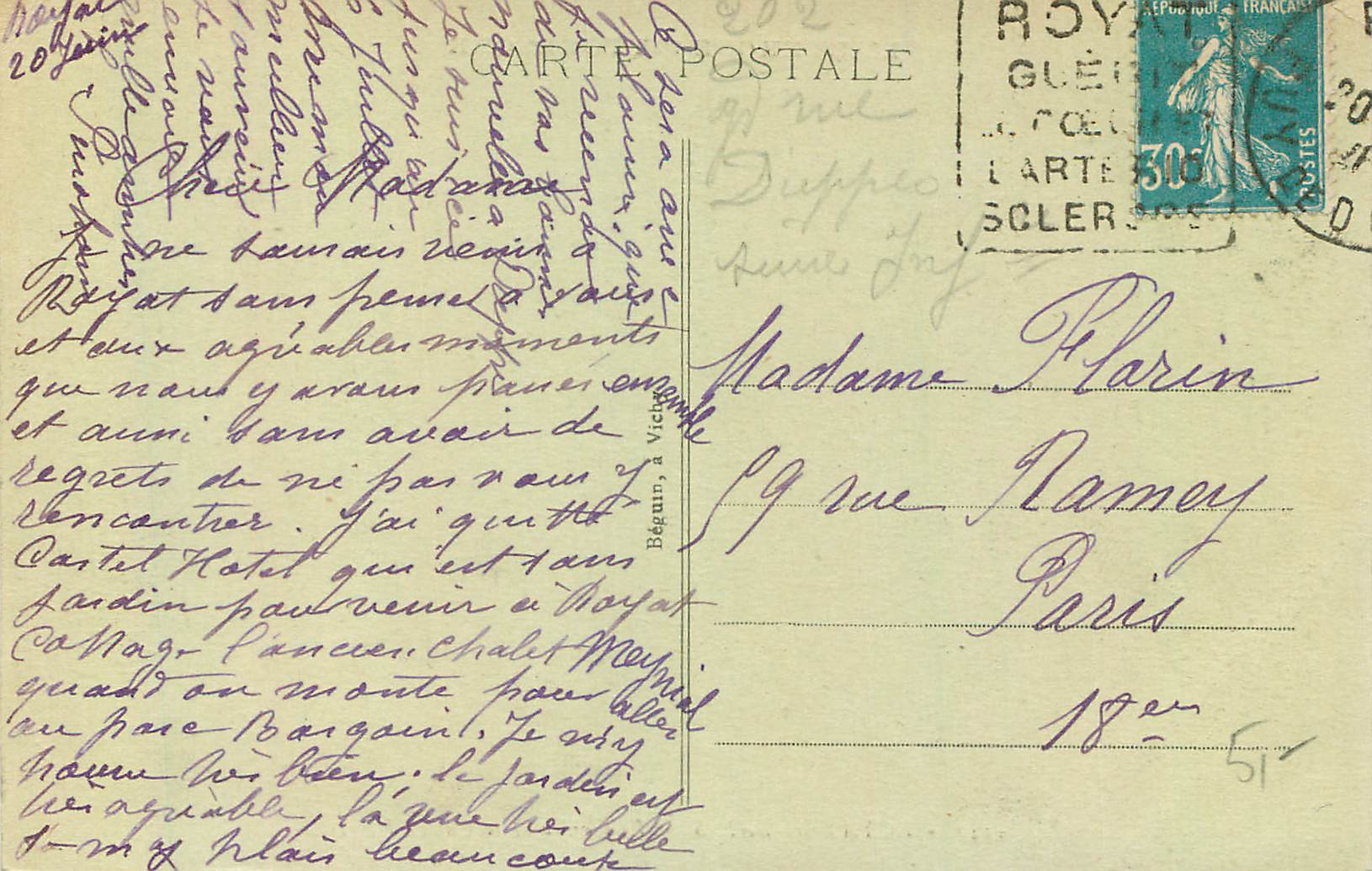 CPA Royat les Bains le Casino et le Castel Hotel — Rückseite