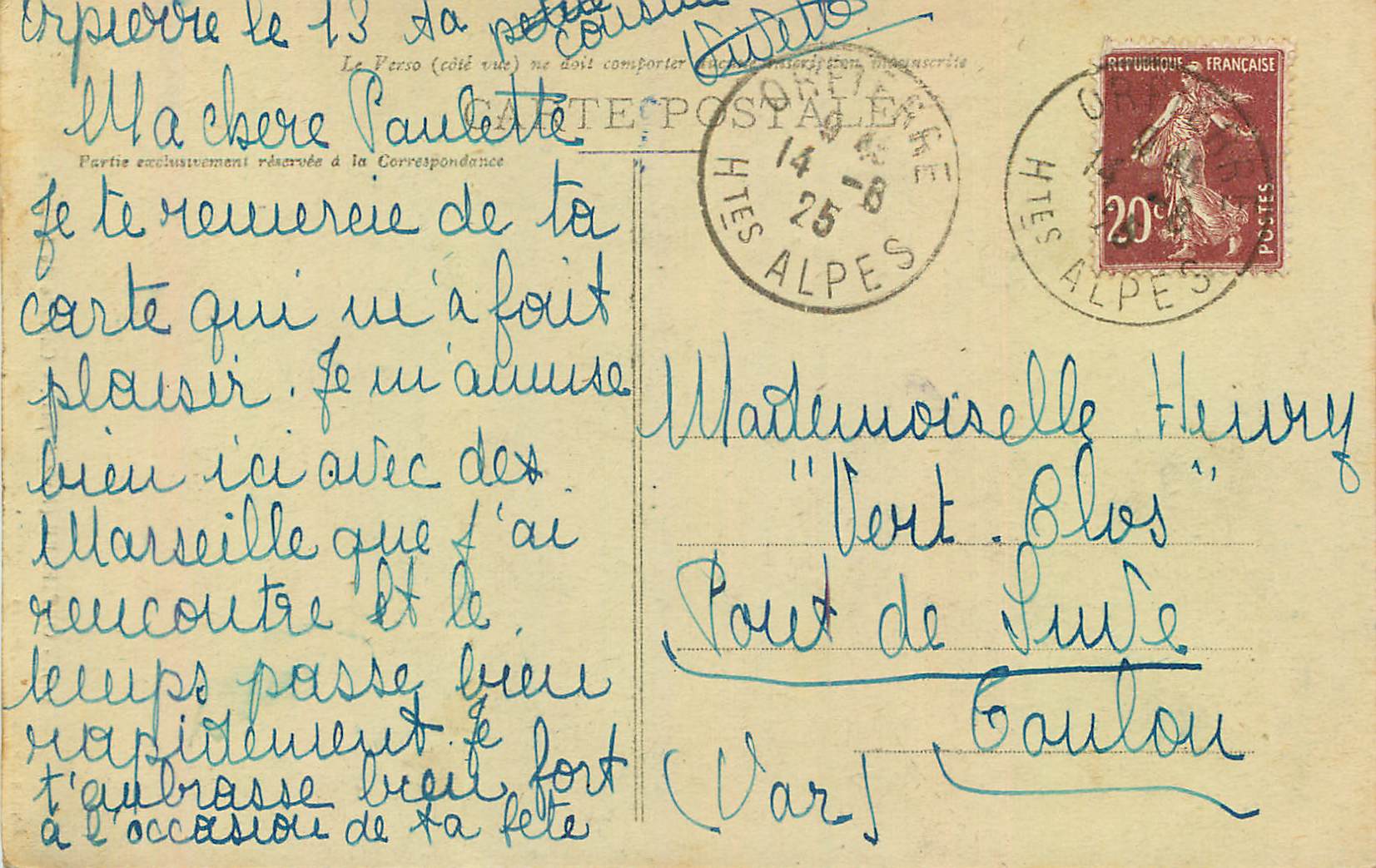Cascade de Belleric — Orpière (Htes-Alpes) — Édition Augusta Gros, série 559 — Rückseite