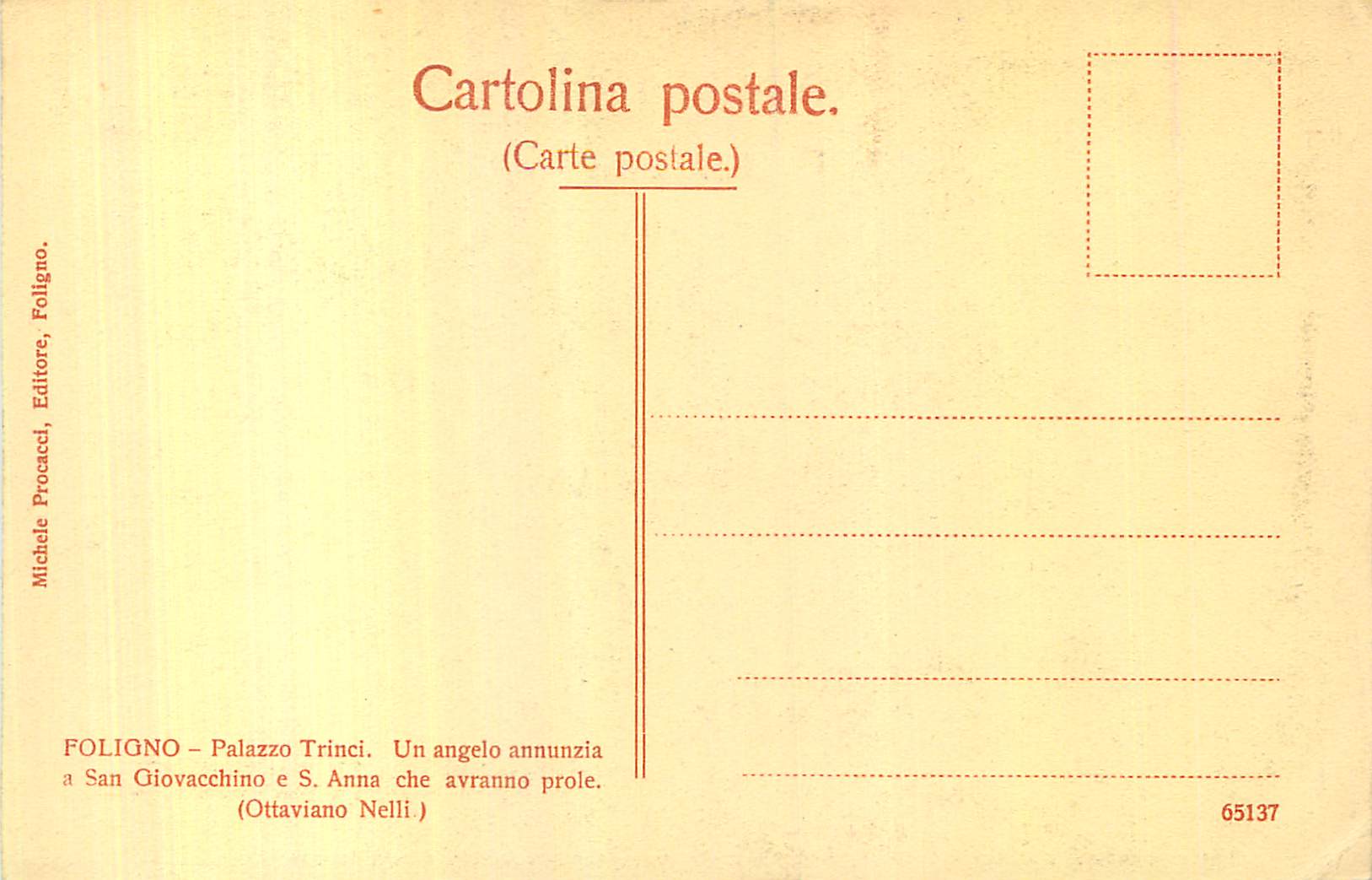 CPA Foligno Palazzo Trinci Un Angelo annunzia a San Giovacchino e S Anna Che Avranno prole (Ottavio Nelli) — Rückseite