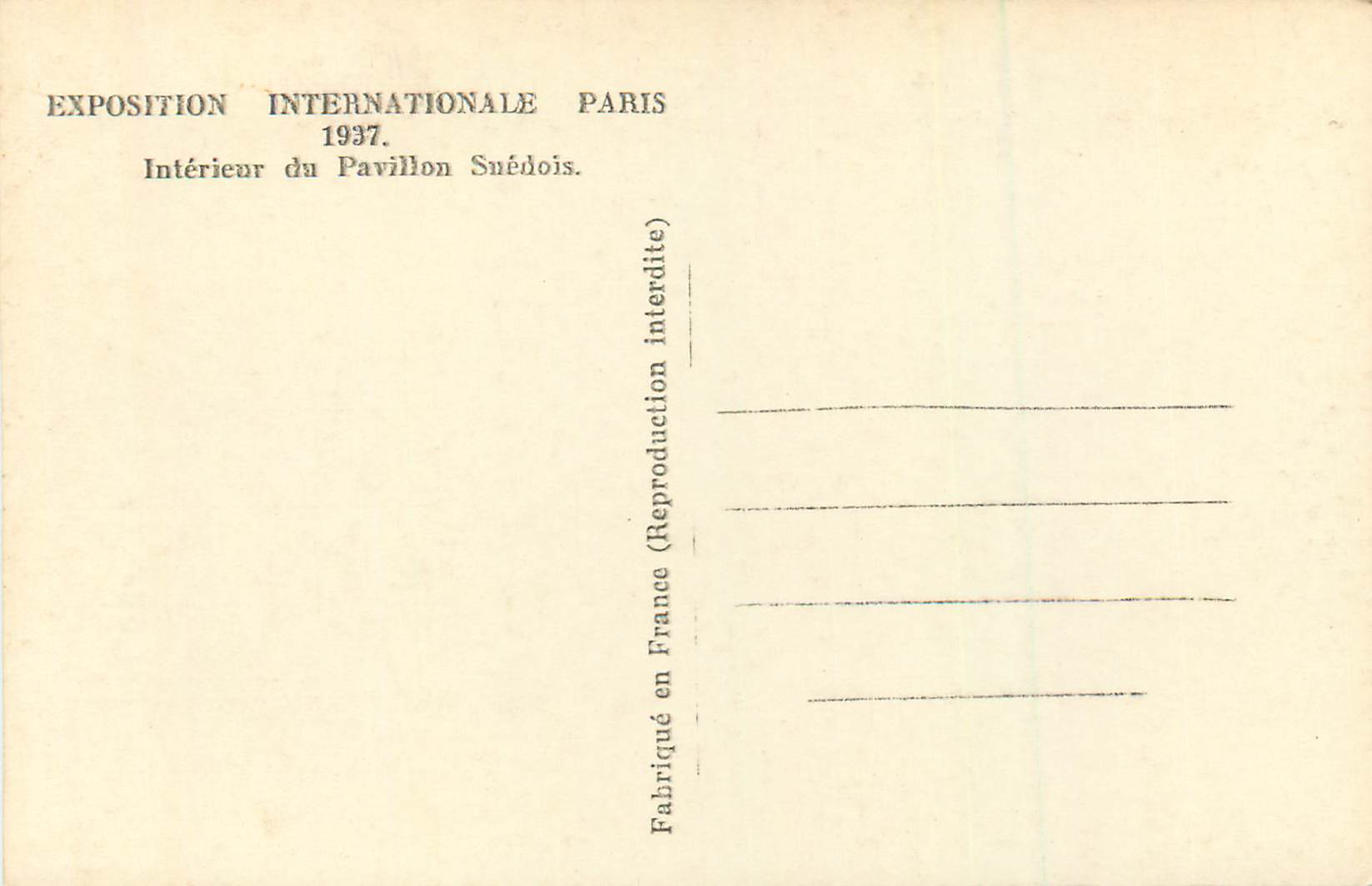 CPM Exposition Internationale Paris 1937 Interieur du Pavillon Suedois — Verso
