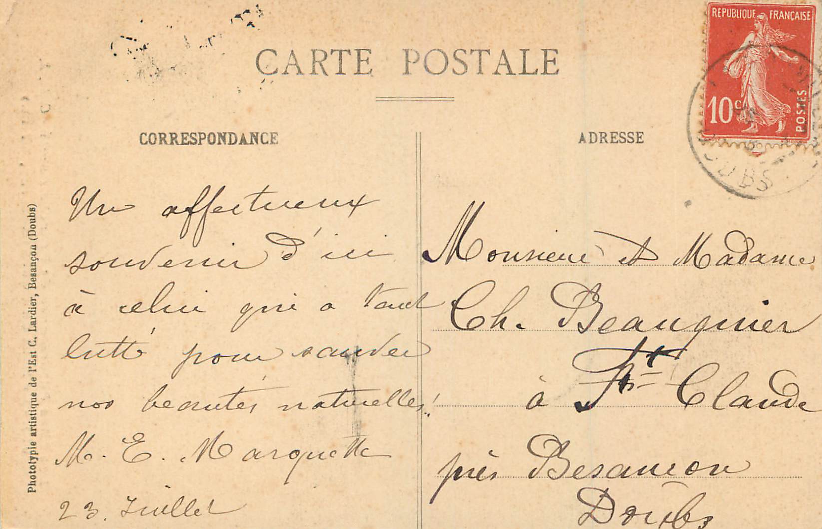 Le Saut du Doubs — Franche-Comté — C.L., E. — n° 910 — Rückseite