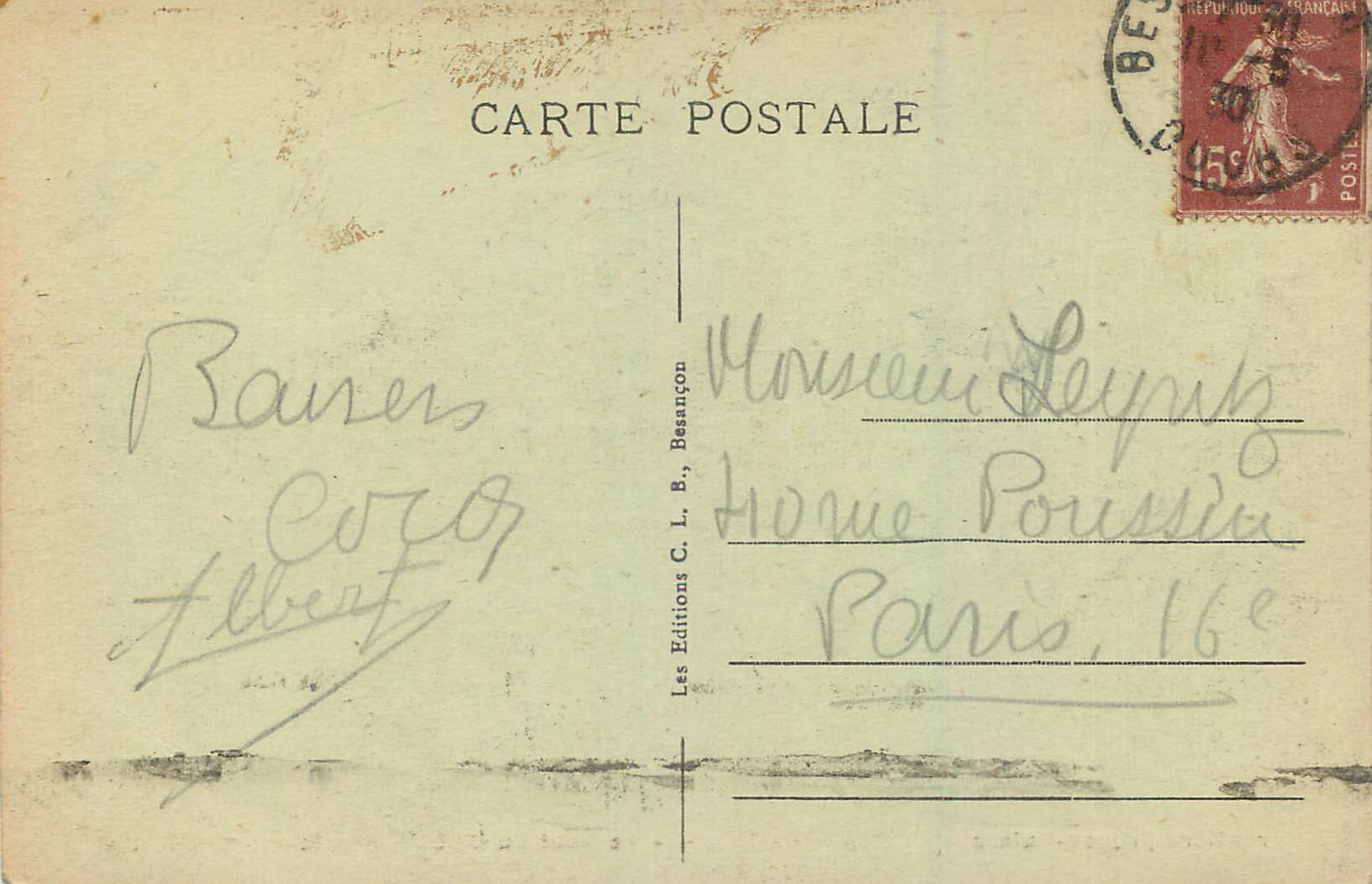 Le Saut du Doubs — Frontière Franco-Suisse — Éditions C. L. B., n° 938 — Verso