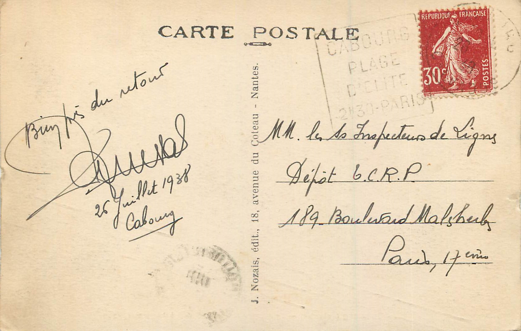 CPA Cabourb (Calvados) Le Grand Hotel et le Casino a Haute Mer — Verso