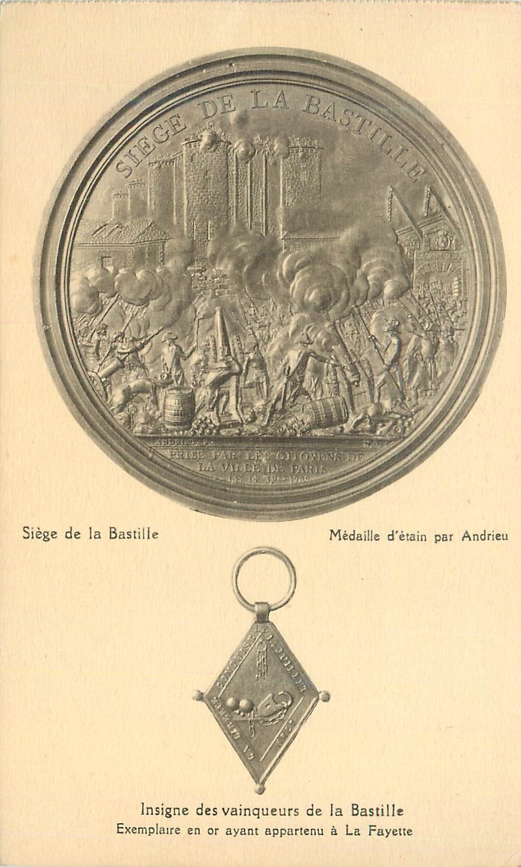 CPA Siege de la Bastille Medaile d'Etain par Andrieu Insigne des vainqueurs de la bataille