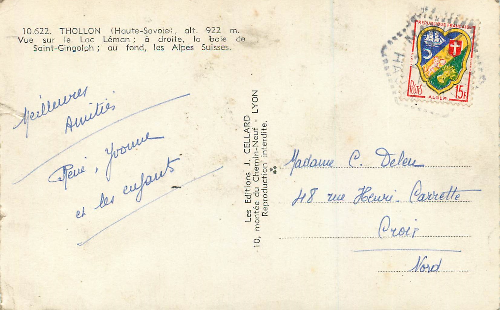 Thollon (Haute-Savoie) — Vue sur le Lac Léman et les Alpes Suisses — Éditions J. Cellard, Lyon — Verso