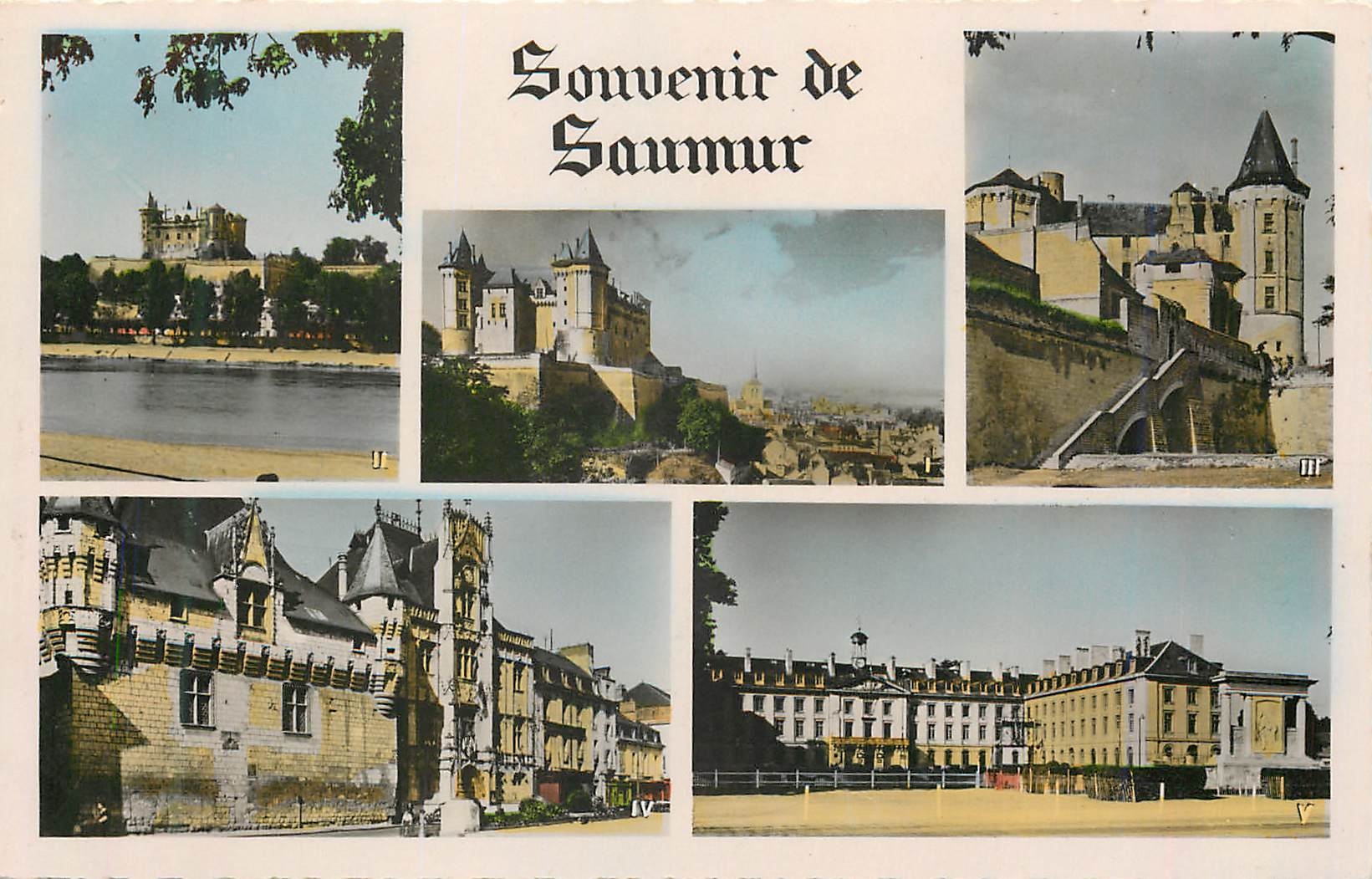 CPM Saumur Vue Generale Le Chateau et la Loire Le Chateau et les Remparts L'Hotel de Ville L'Ecole de Cavalerie