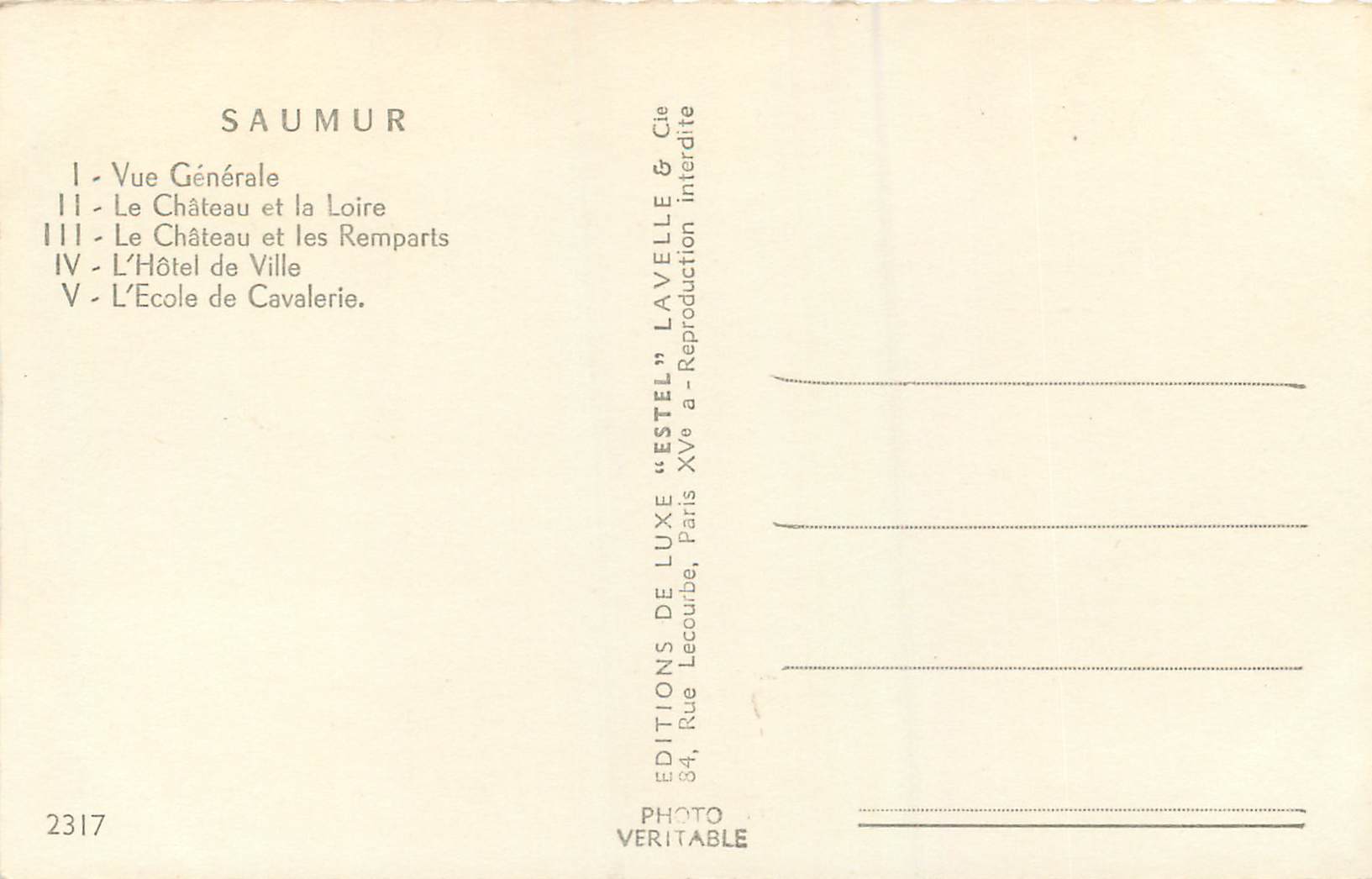 CPM Saumur Vue Generale Le Chateau et la Loire Le Chateau et les Remparts L'Hotel de Ville L'Ecole de Cavalerie — Rückseite