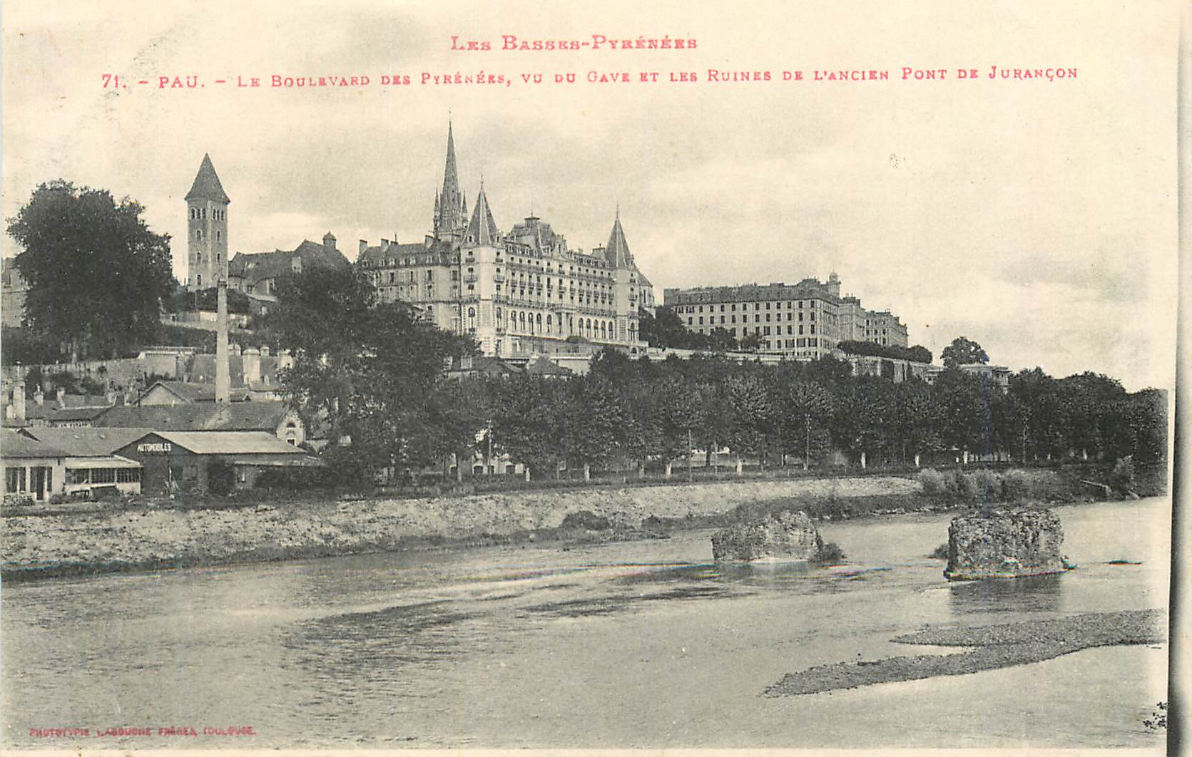 Pau - Le Boulevard des Pyrénées vu du Gave et les ruines de l'ancien pont de Jurançon — Phototype Labouche Frères, Toulouse