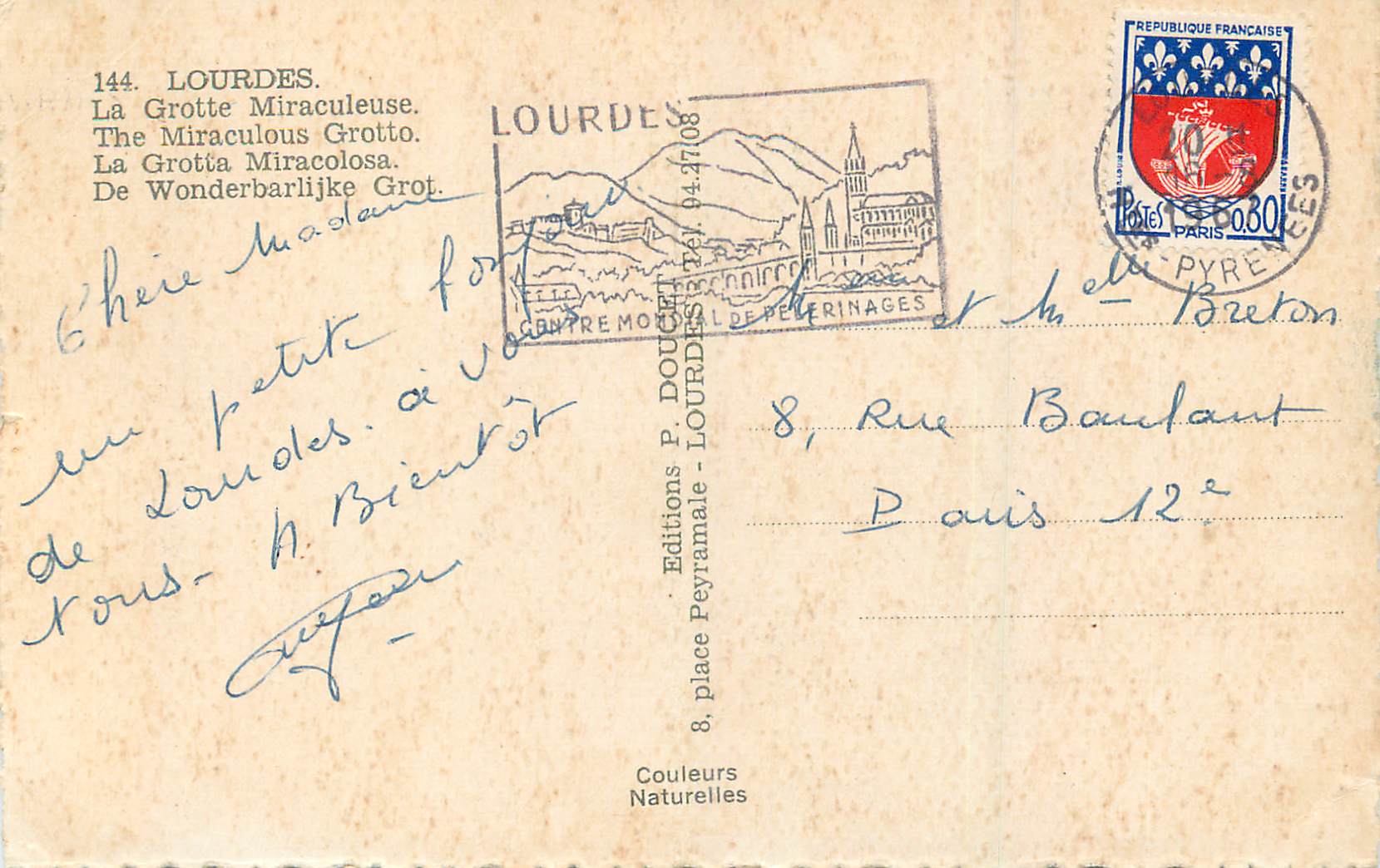 CPM Lourdes La Grotte Miraculeuse — Verso