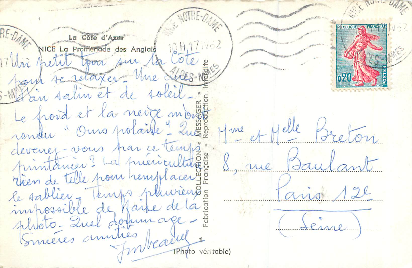 CPM Nice La Cote d'Azur La Promenade des Anglais — Rückseite